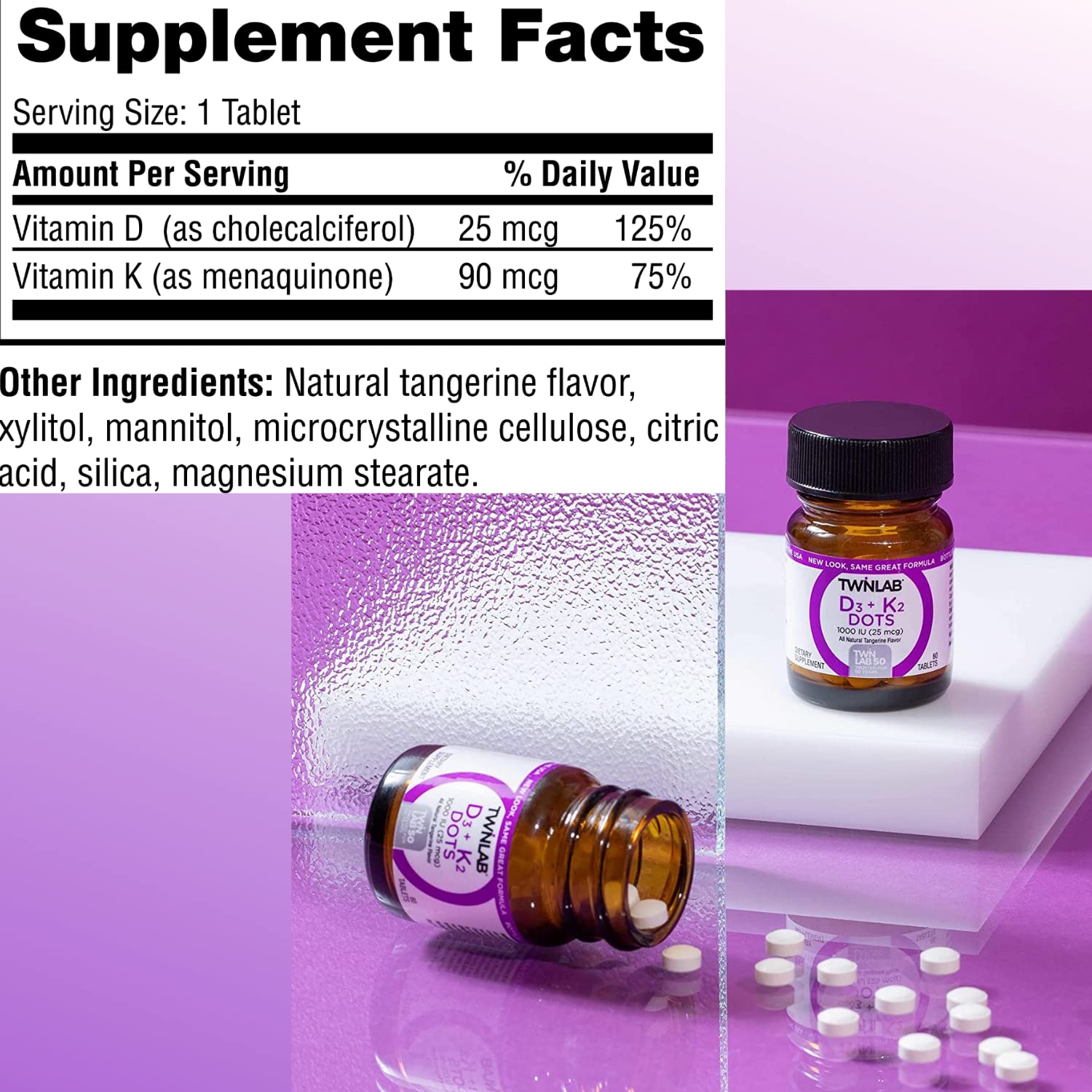 Twinlab Vit D3 1000 y K2 Dots, etiqueta detallada, dosis recomendada para uso diario.