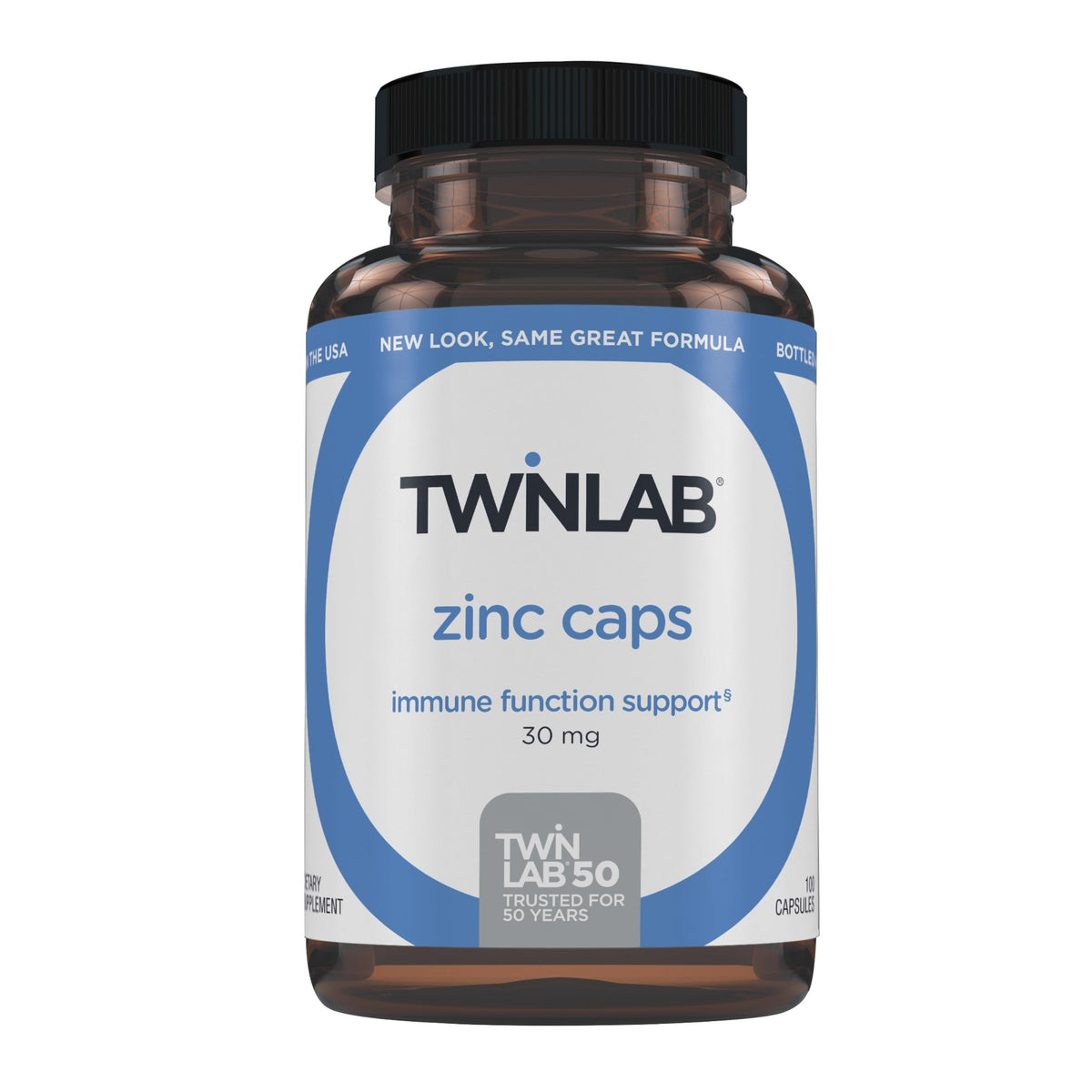 Twinlab Zinc Caps: botella frontal mostrando el envase para soporte inmune