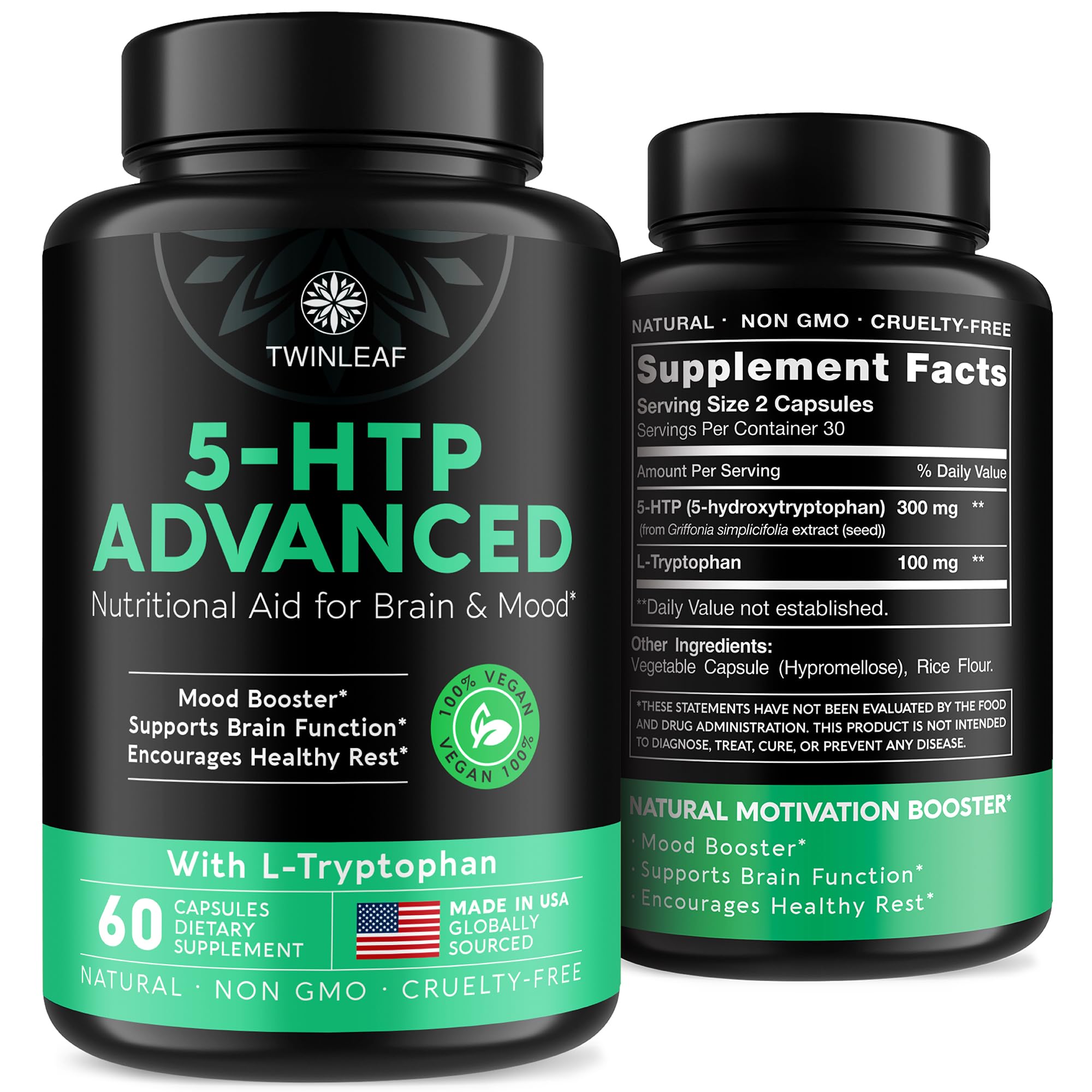 Cápsulas Twinleaf 5-HTP en frasco para apoyo al estado de ánimo.