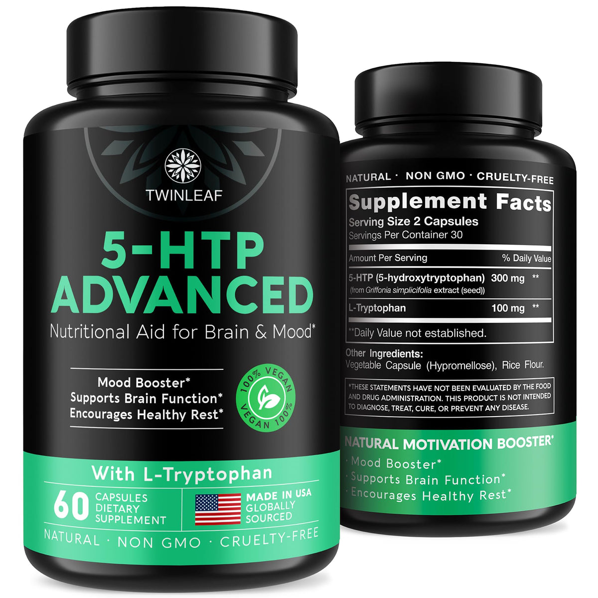 Cápsulas Twinleaf 5-HTP en frasco para apoyo al estado de ánimo.
