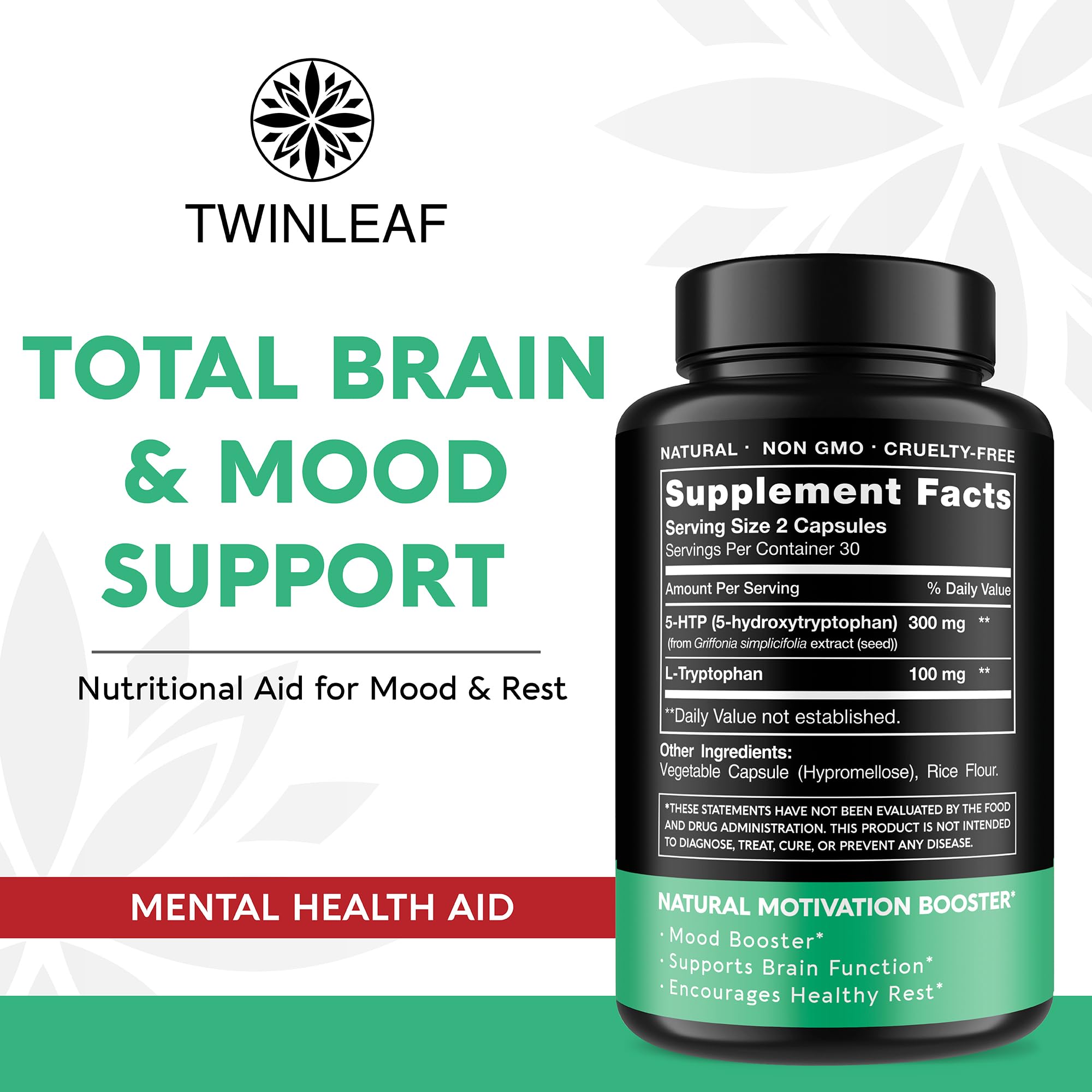 Etiqueta Twinleaf 5-HTP con dosis y uso recomendado.