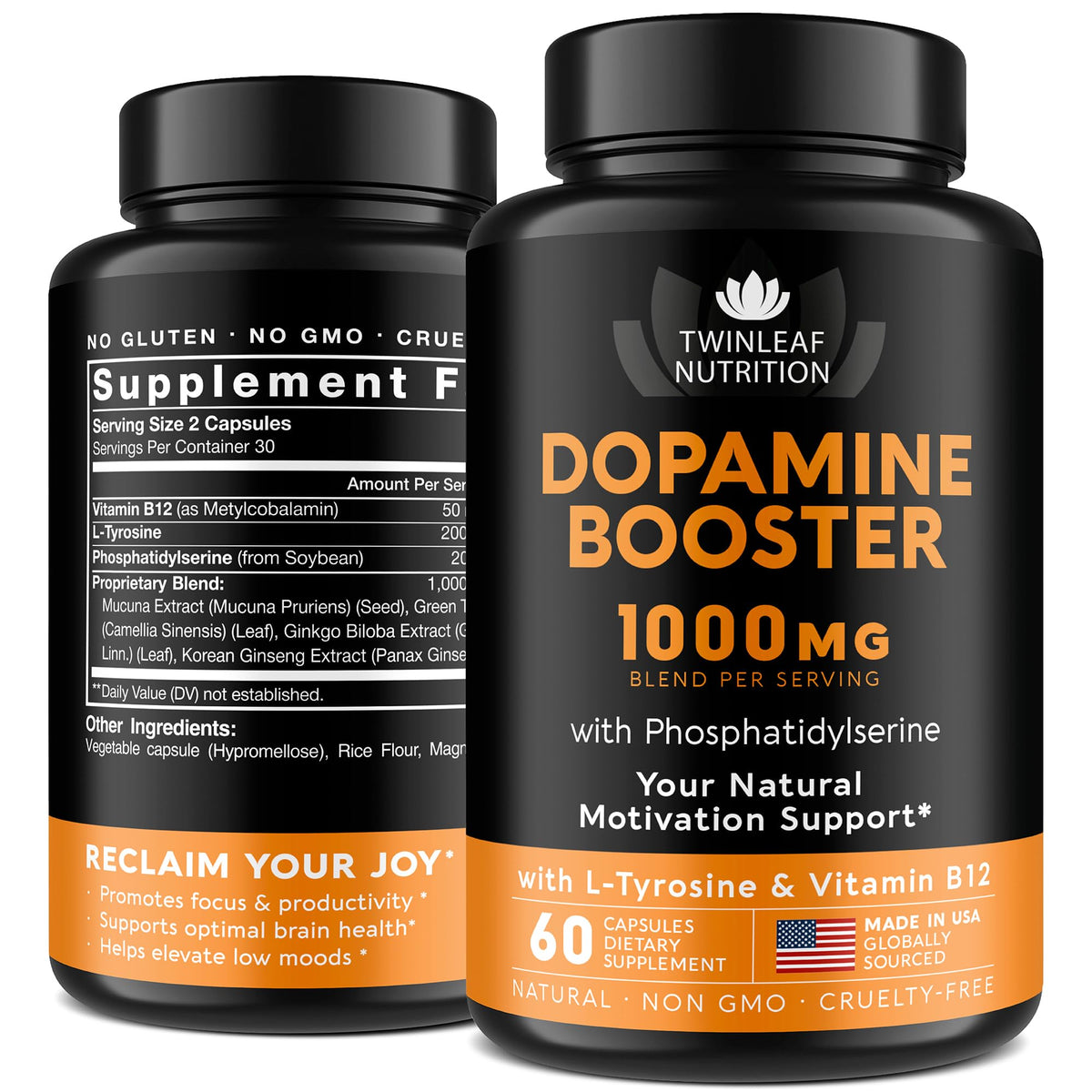 Dopamina TwinLeaf Nutrition: cápsulas para apoyo cerebral diario.