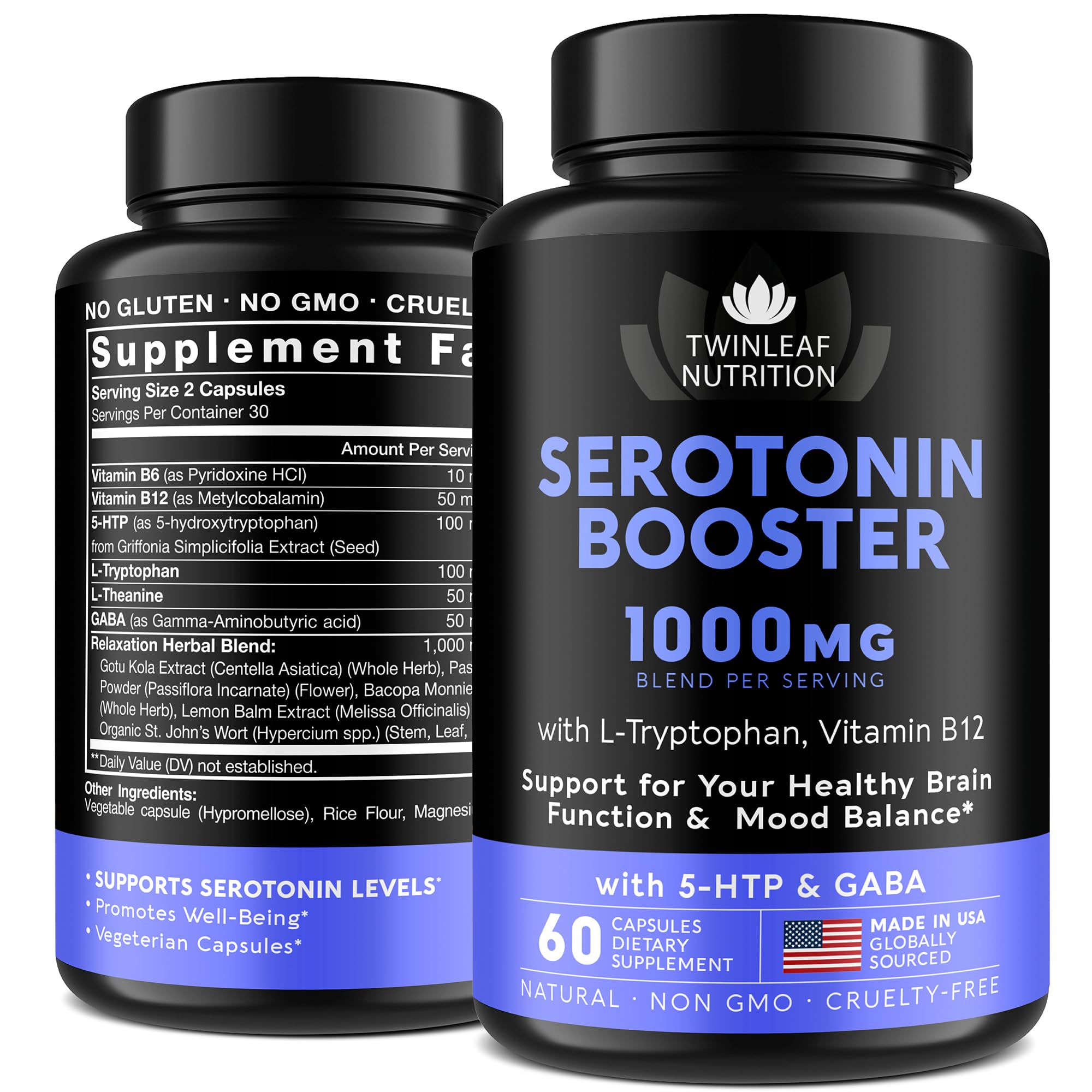 Twinleaf Serotonin Booster: botella frontal para bienestar diario