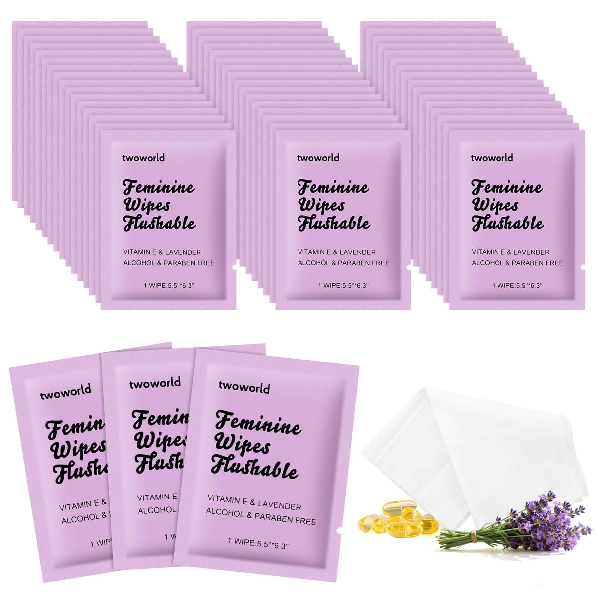 Twoworld toallitas femeninas con empaque individual para limpieza rápida y higiénica.