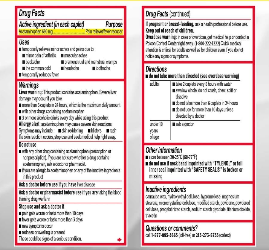 Tylenol 650 mg acetaminofeno, tableta para dolor articular.