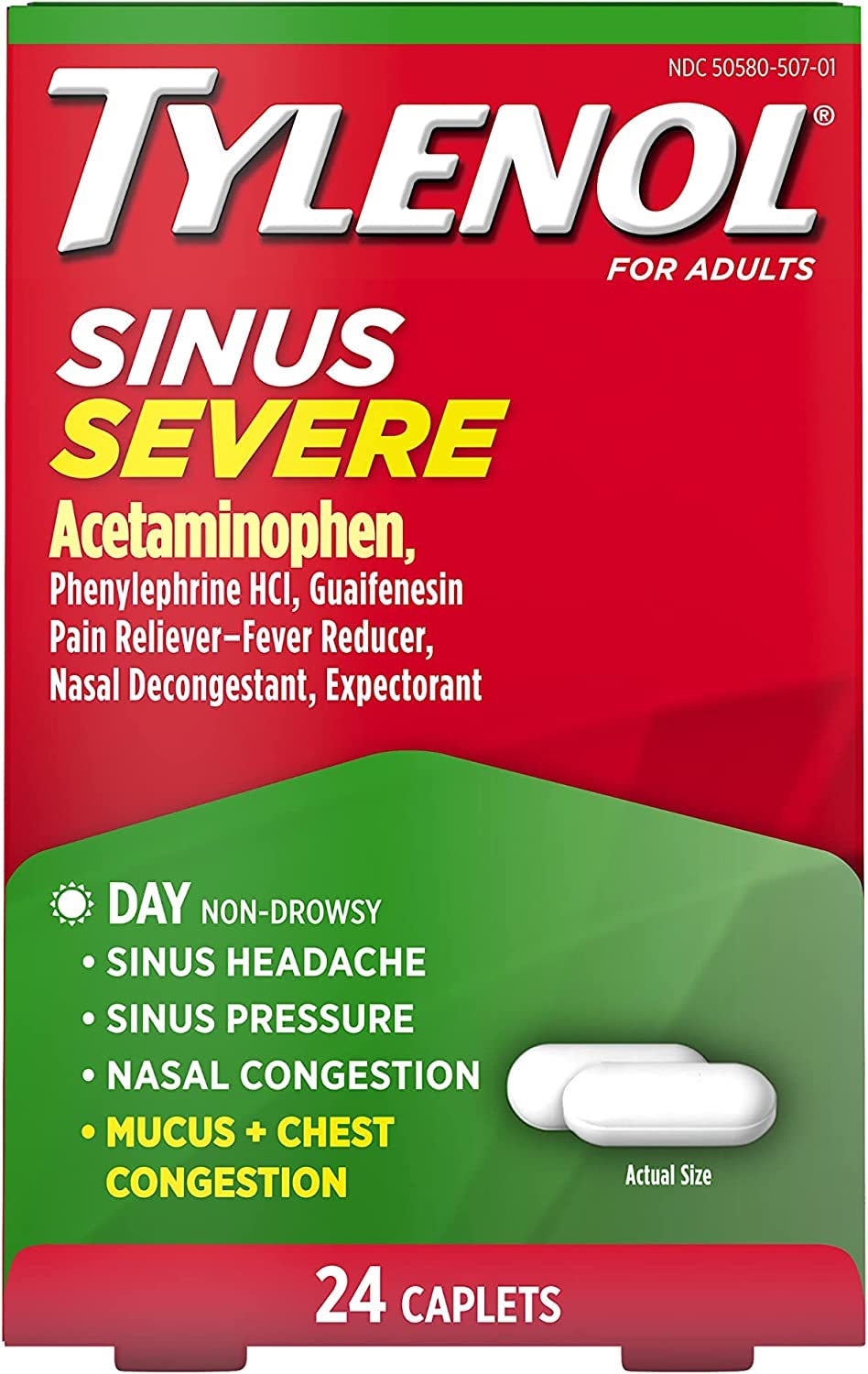 Tylenol caplets para congestión sinusal, respiración más clara durante el día