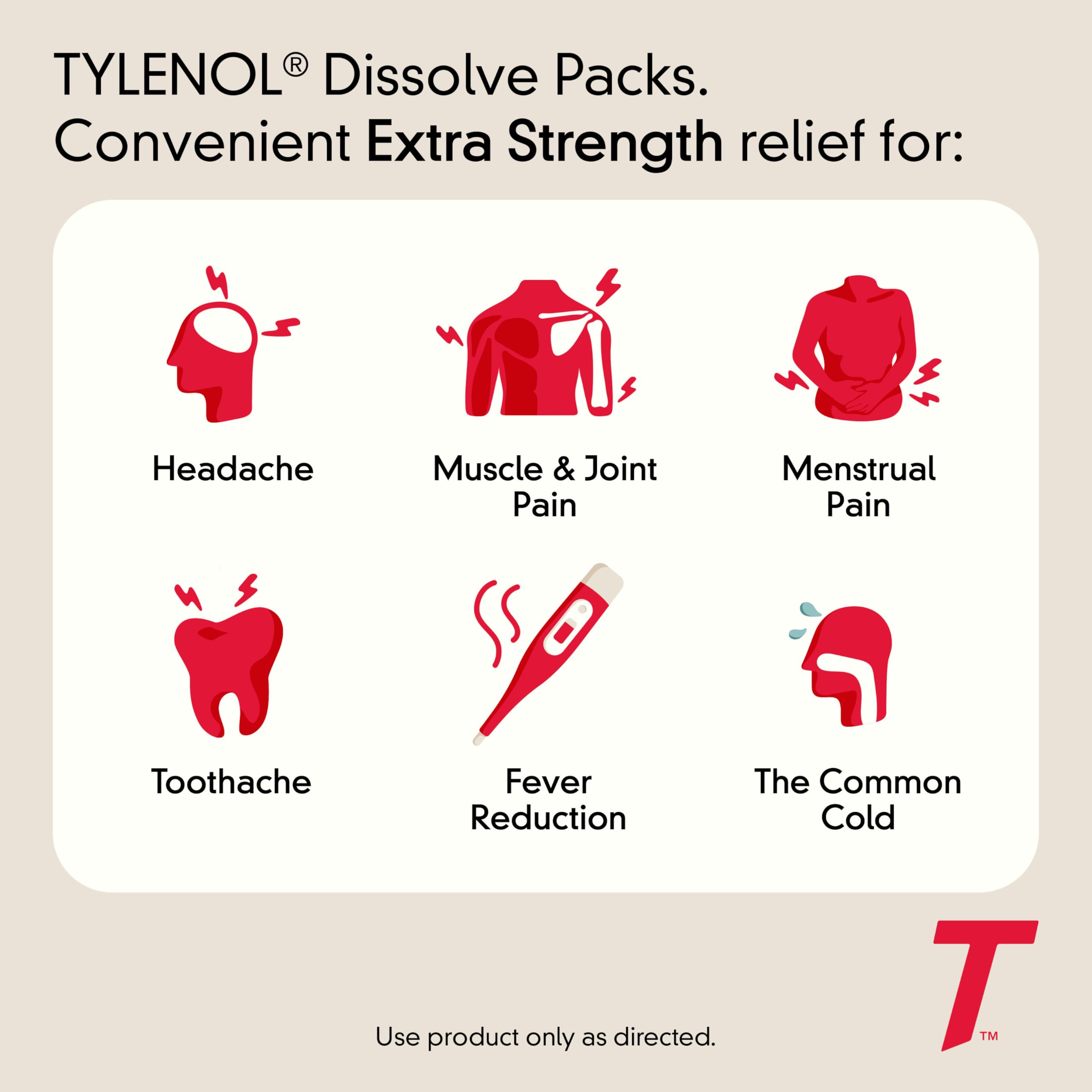 Tylenol dosis en polvo que se disuelve en la lengua sin agua, sabor frambuesa