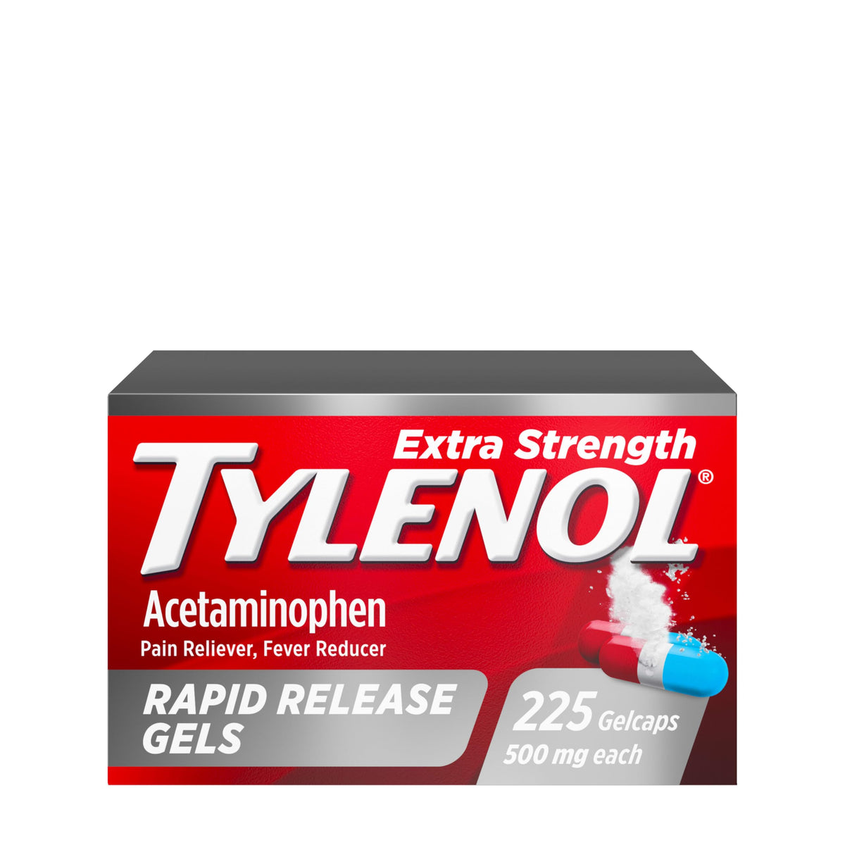 Geles Tylenol Fuerza Extra, frente de la botella, alivio rápido del dolor