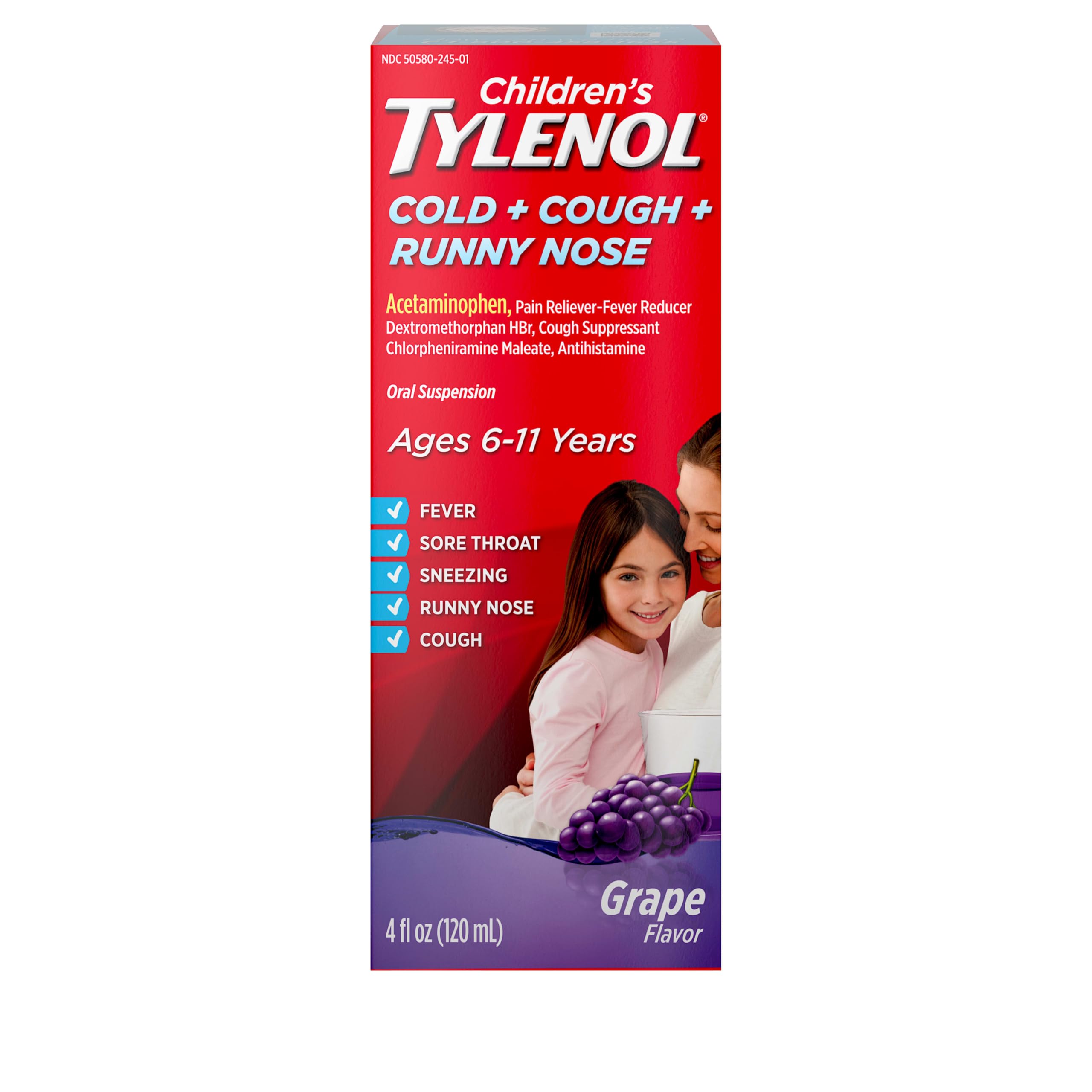 Tylenol para niños: suspensión oral sabor a uva con alivio temporal de dolor y fiebre