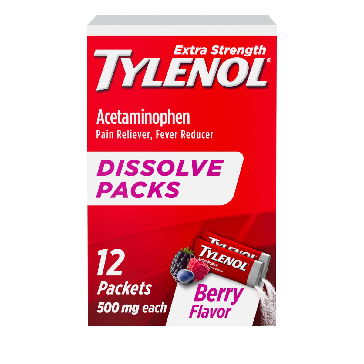 Tylenol paquetes disolubles de fuerza extra, sabor frambuesa, alivio rápido del dolor