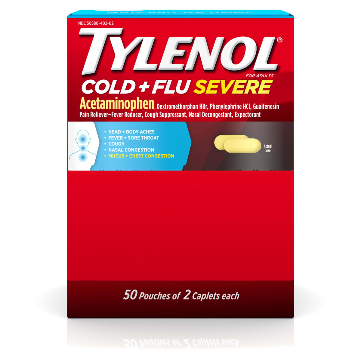 Tylenol resfriado gripe pastillas recubiertas en empaque 2 dosis para alivio múltiple.