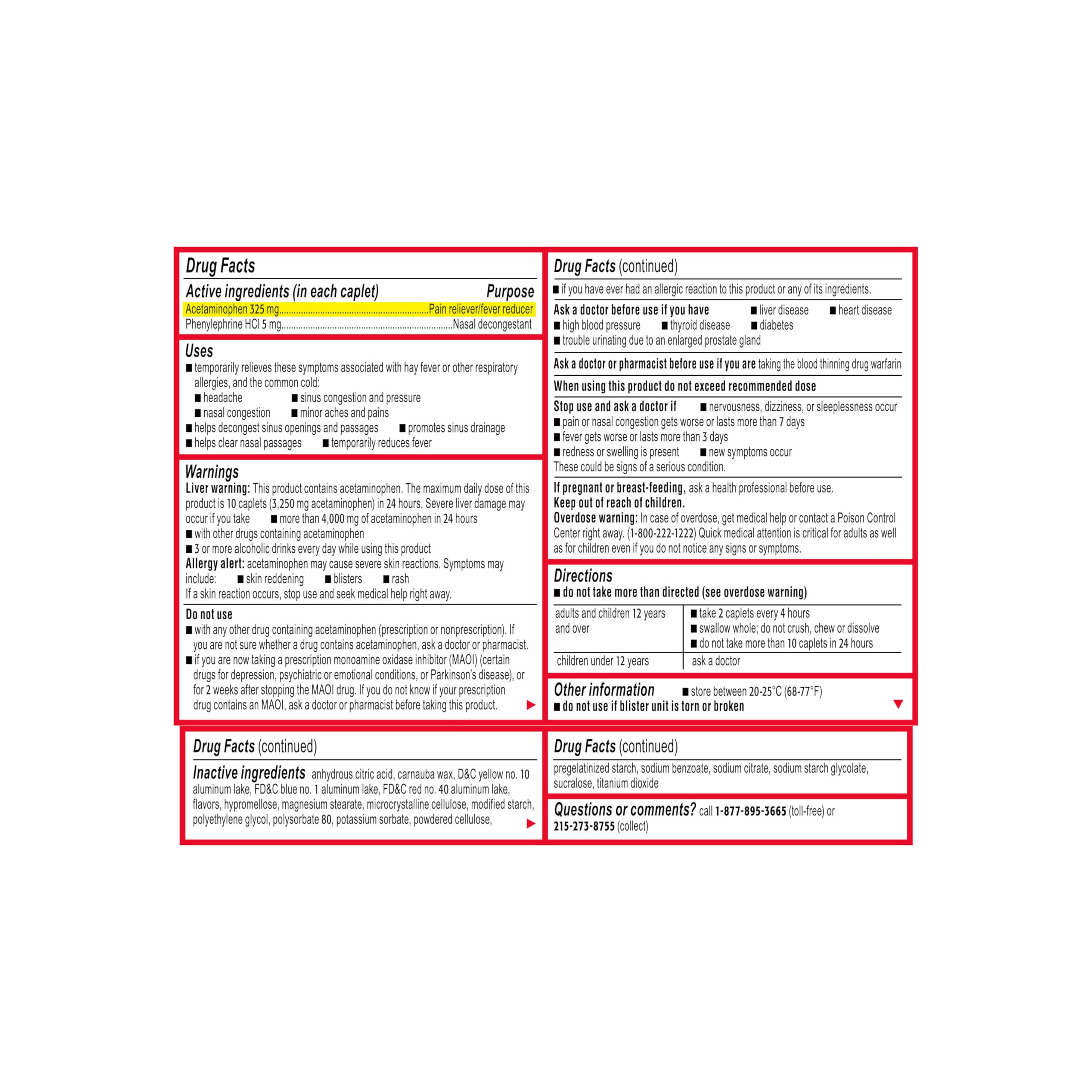 Tylenol Sinus Caplets, estante mostrando formato 24 para varios días.