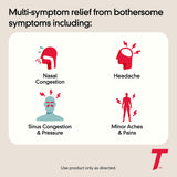 Tylenol Sinus Caplets, etiqueta muestra dosis 325 mg para planificación diaria.