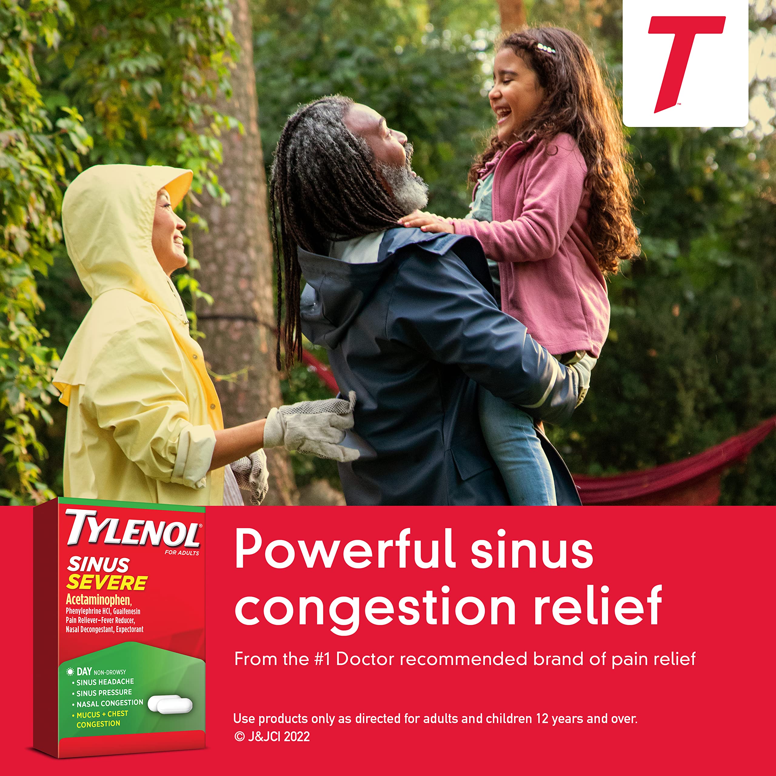 Tylenol Sinus Severe Daytime Caplets, blíster de dos caplets, dosificación conveniente para el día.