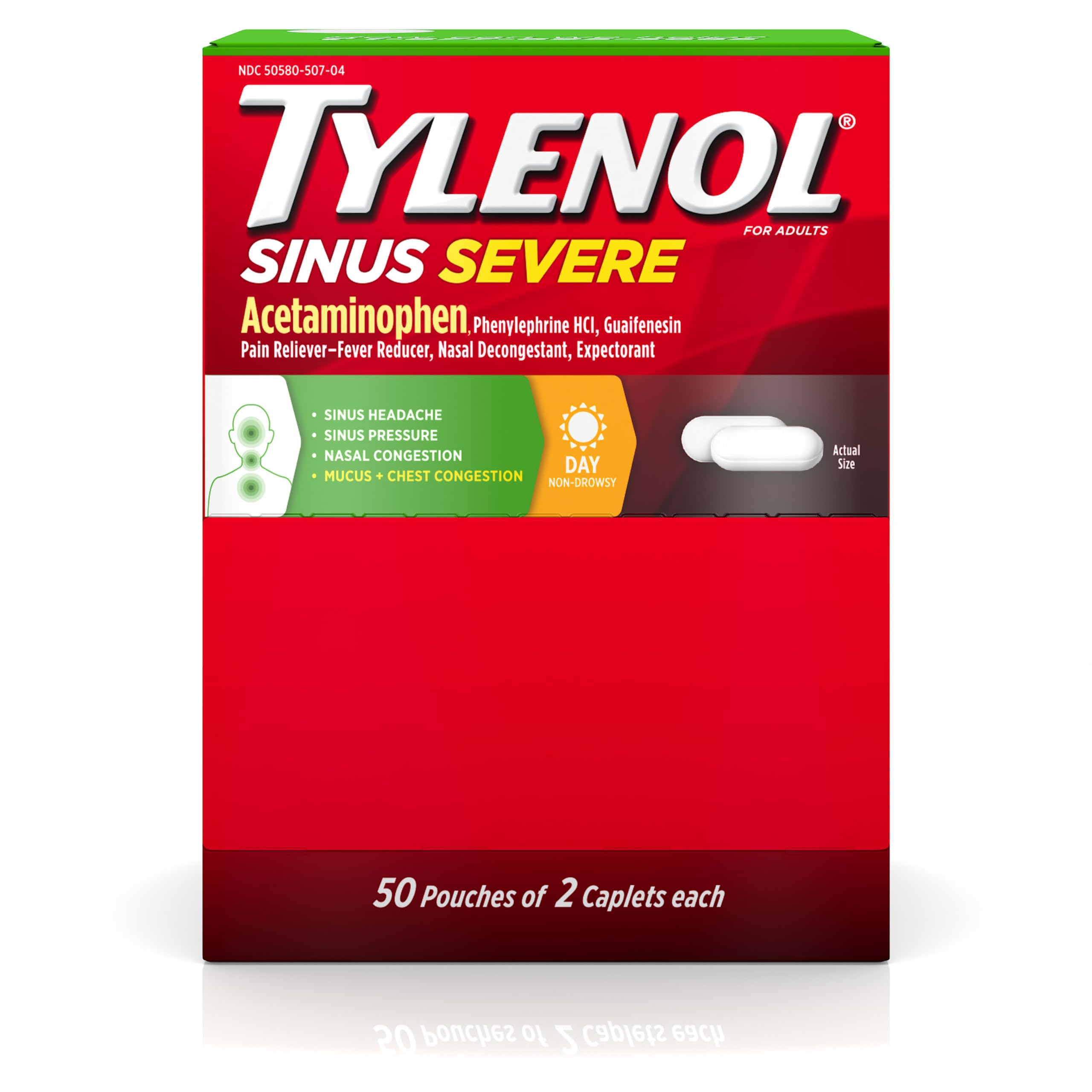 Tylenol Sinus Severe Daytime Caplets, empaque frontal, alivio diurno de congestión nasal.