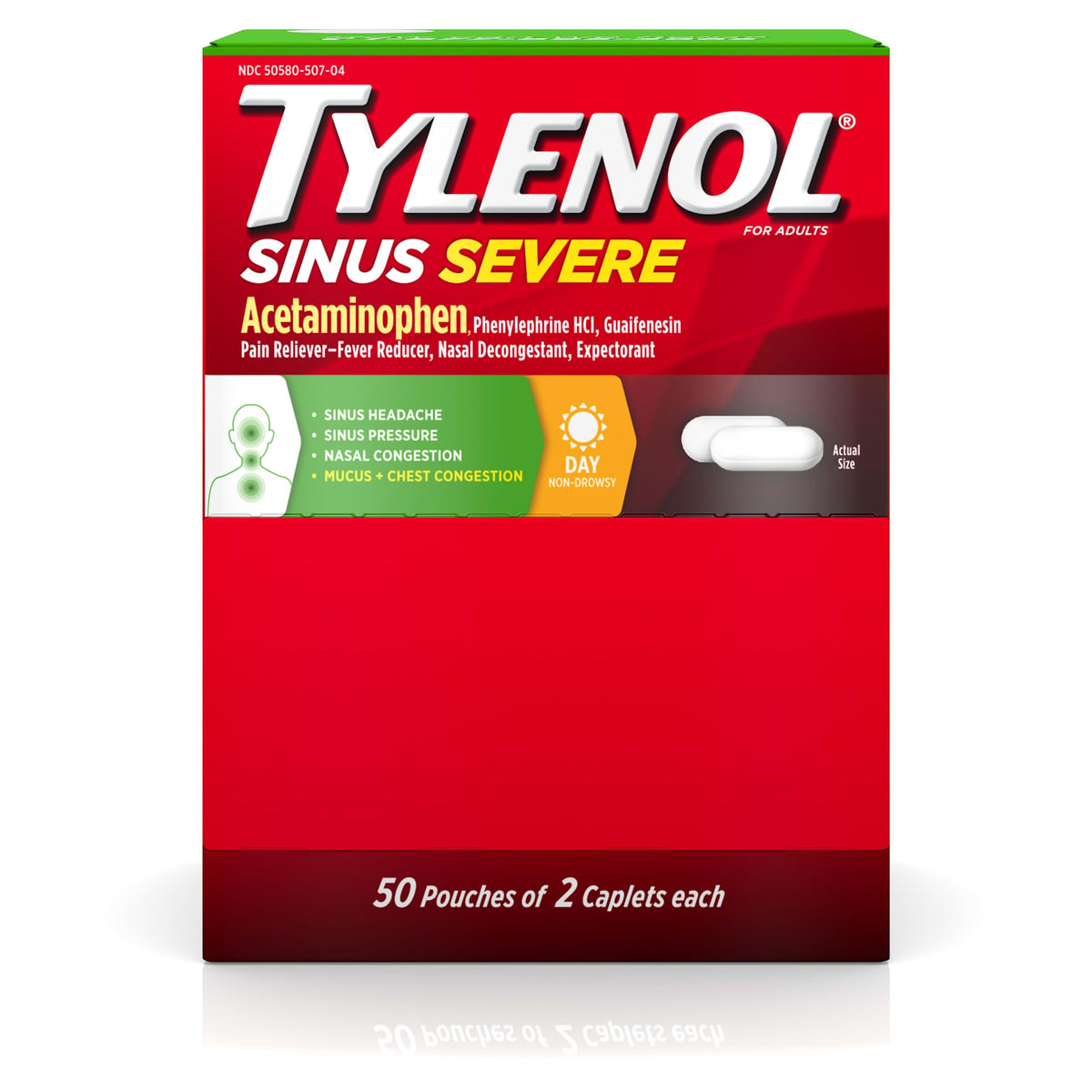 Tylenol Sinus Severe Daytime Caplets, empaque frontal, alivio diurno de congestión nasal.