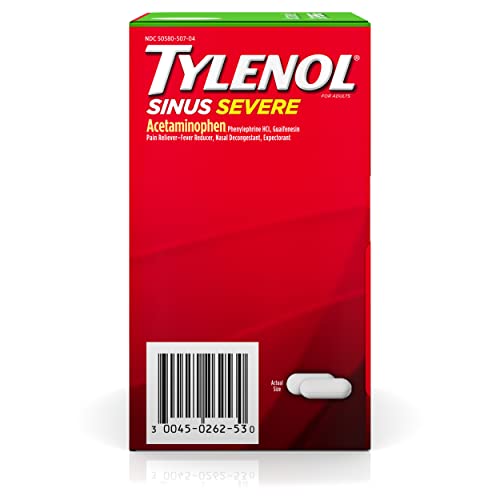 Tylenol Sinus Severe Daytime Caplets, envase abierto con caplets listos para uso diario.