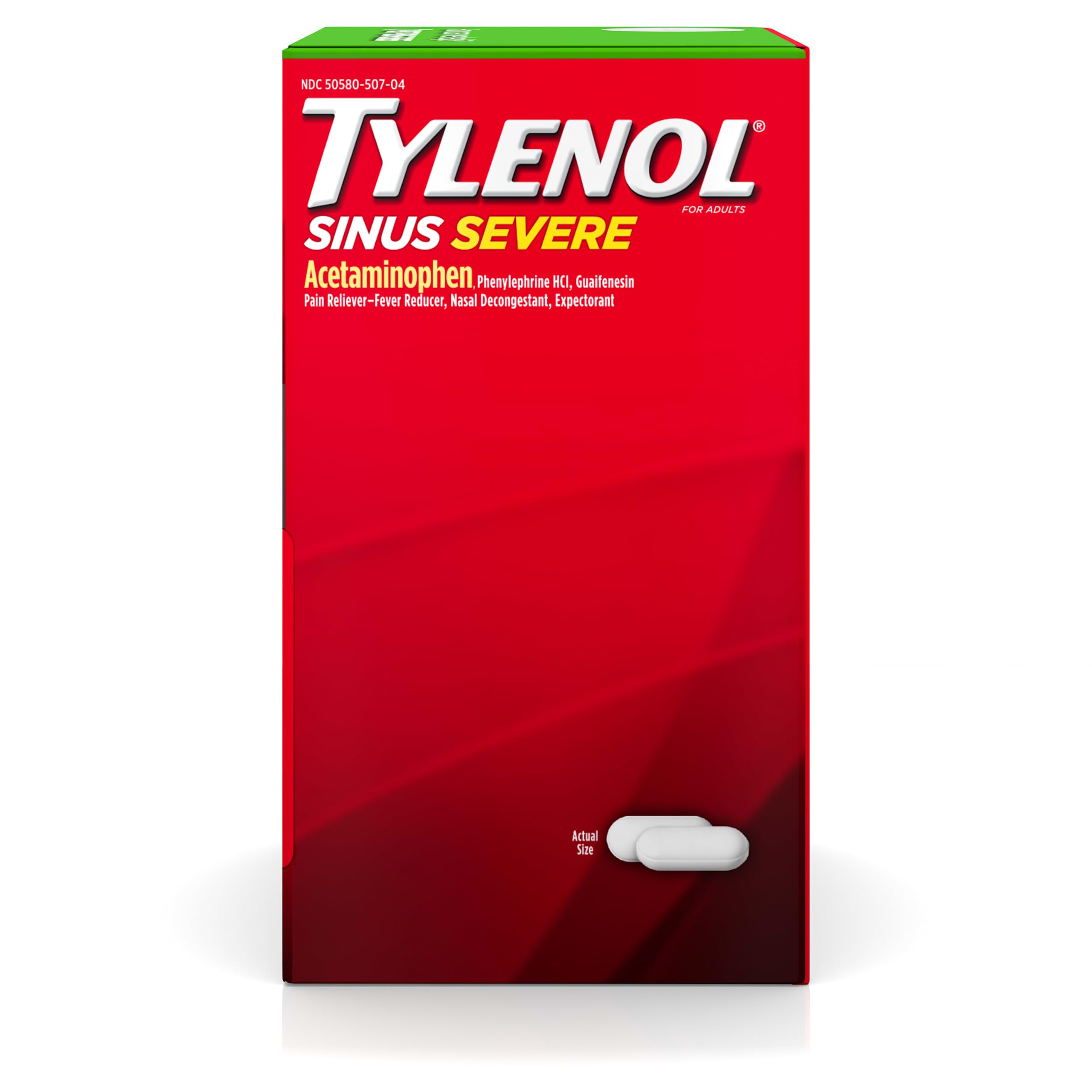Tylenol Sinus Severe Daytime Caplets, fondo de blíster mostrando caplets para descongestión.