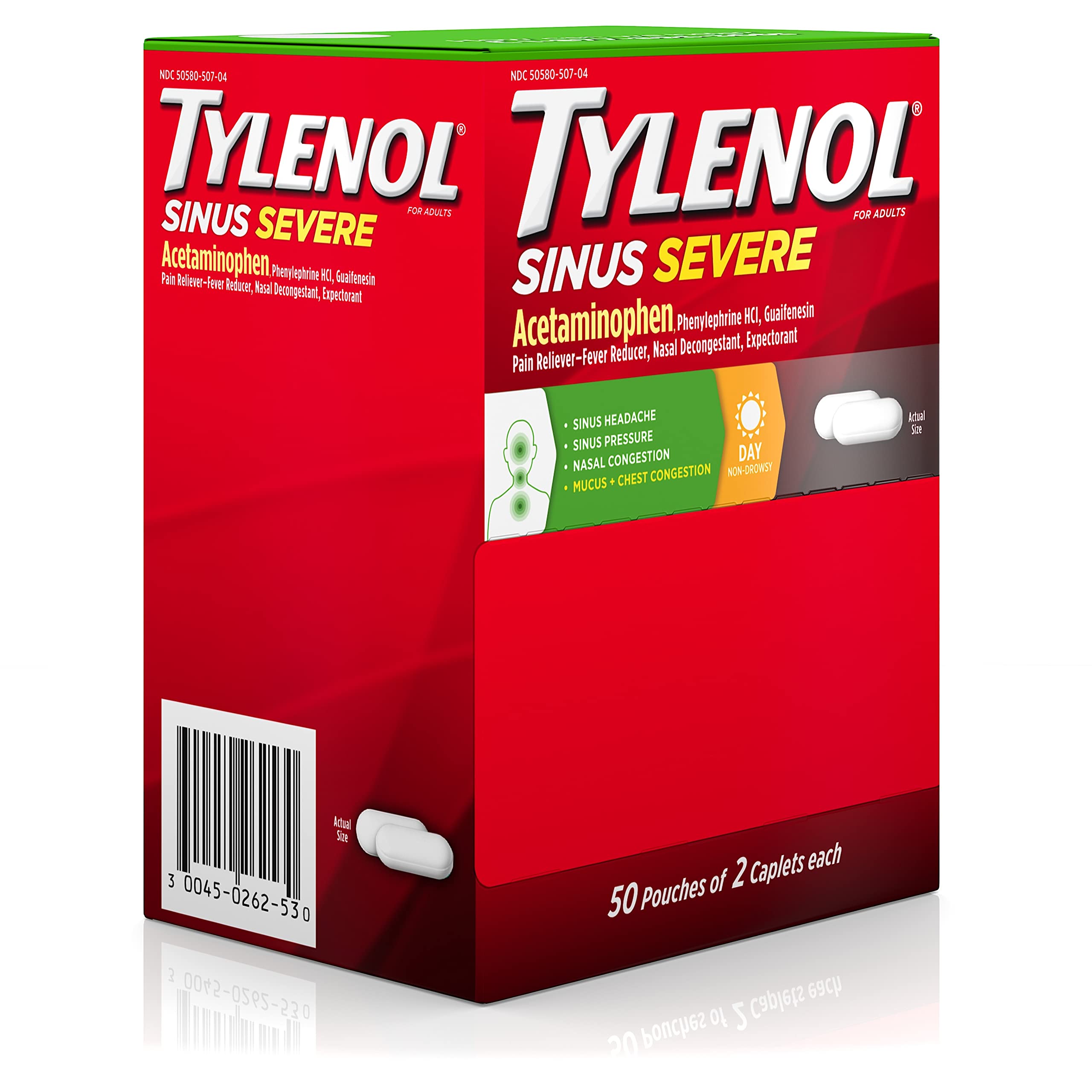 Tylenol Sinus Severe Daytime Caplets, uso diurno en entorno laboral para alivio rápido.