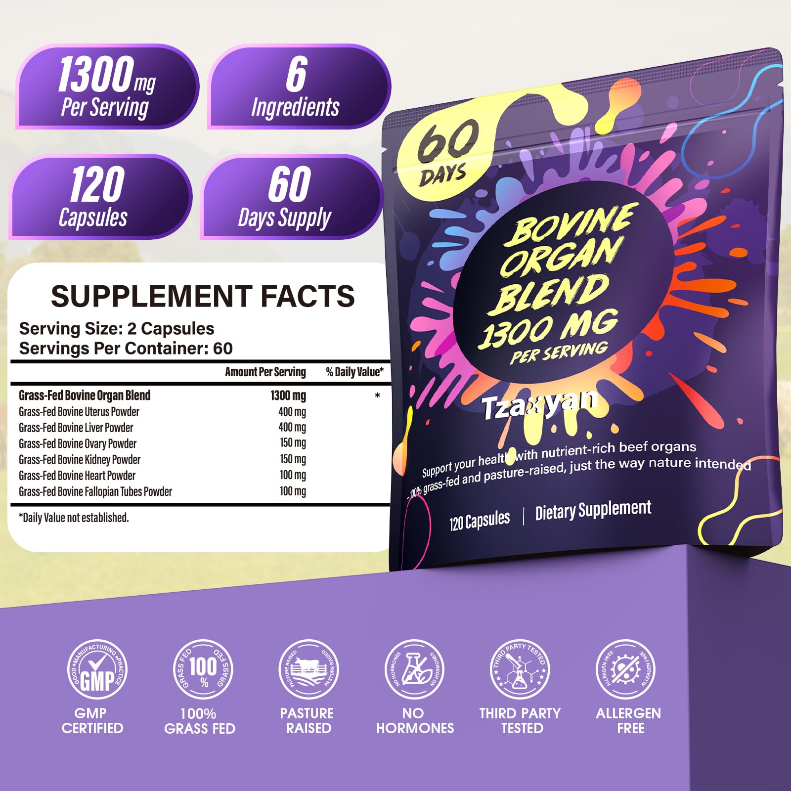 tzaxyan 1300mg capsulas de organos bovinos para suplementacion diaria