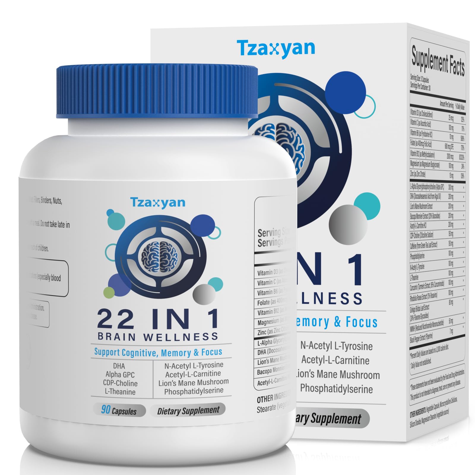 tzaxyan botella de cápsulas para cerebro, apoyo a claridad mental diaria