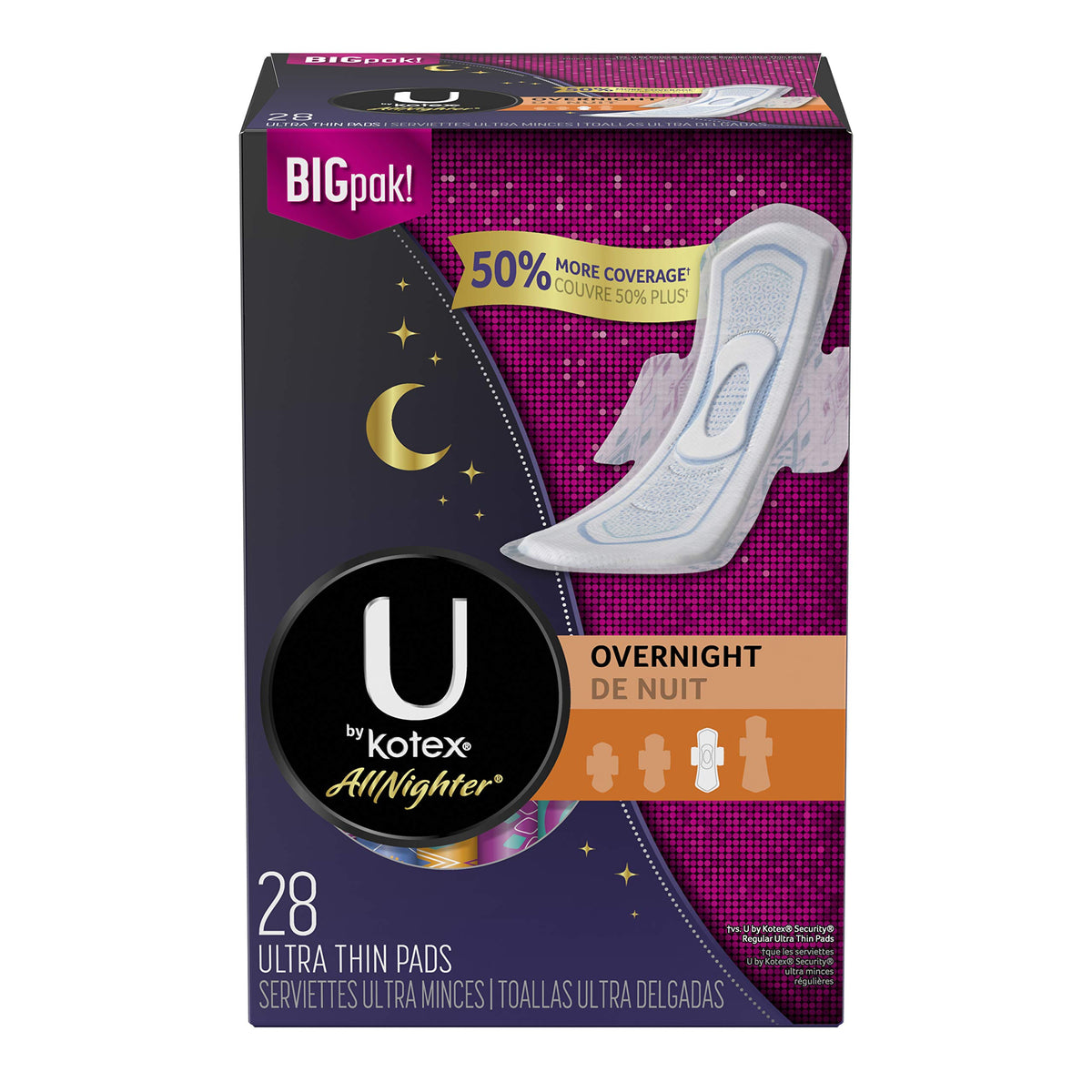 U by Kotex AllNighter con alas ultrafinas para dormir con mayor protección.