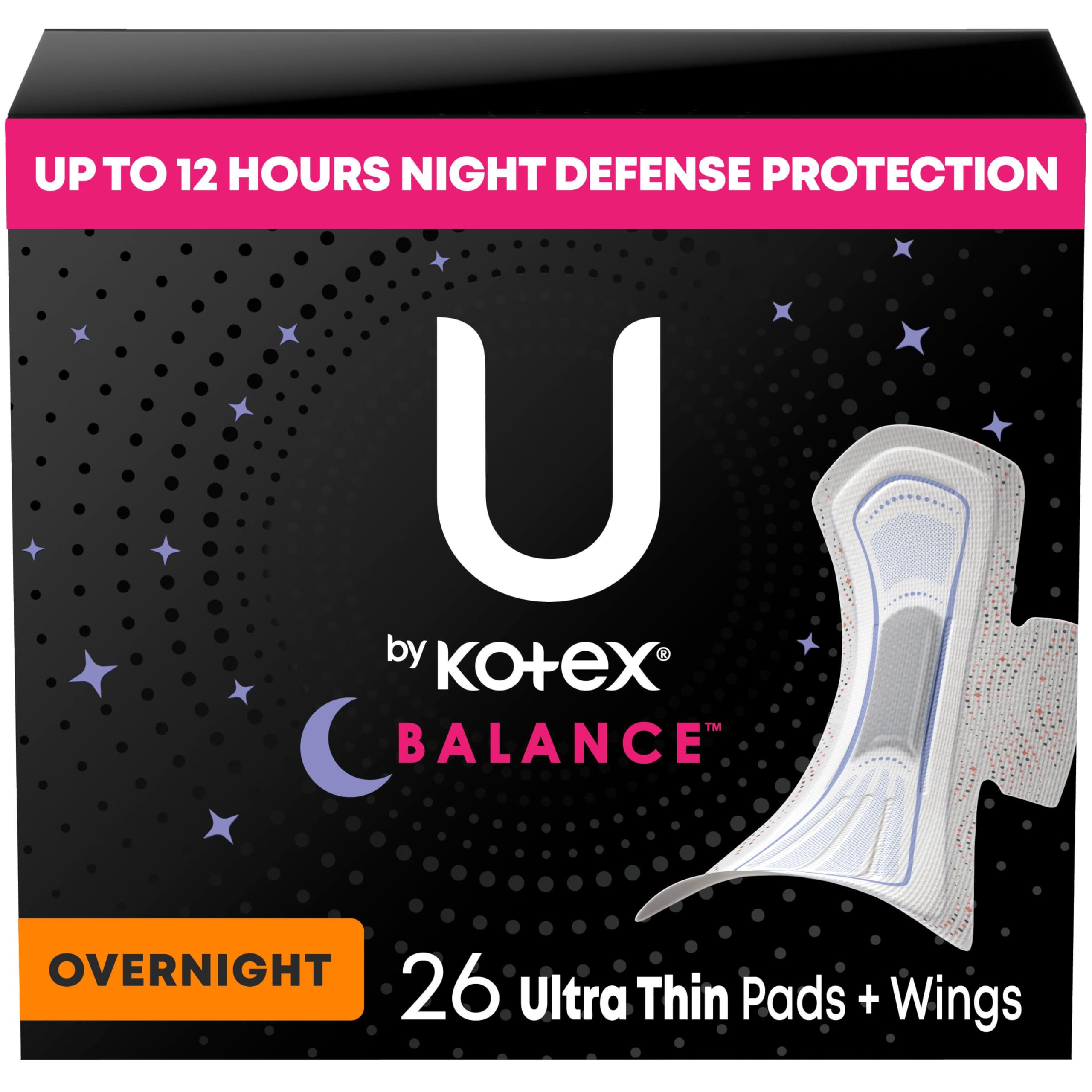 U by Kotex Balance almohadillas nocturnas con alas, protección de 12 horas para dormir.