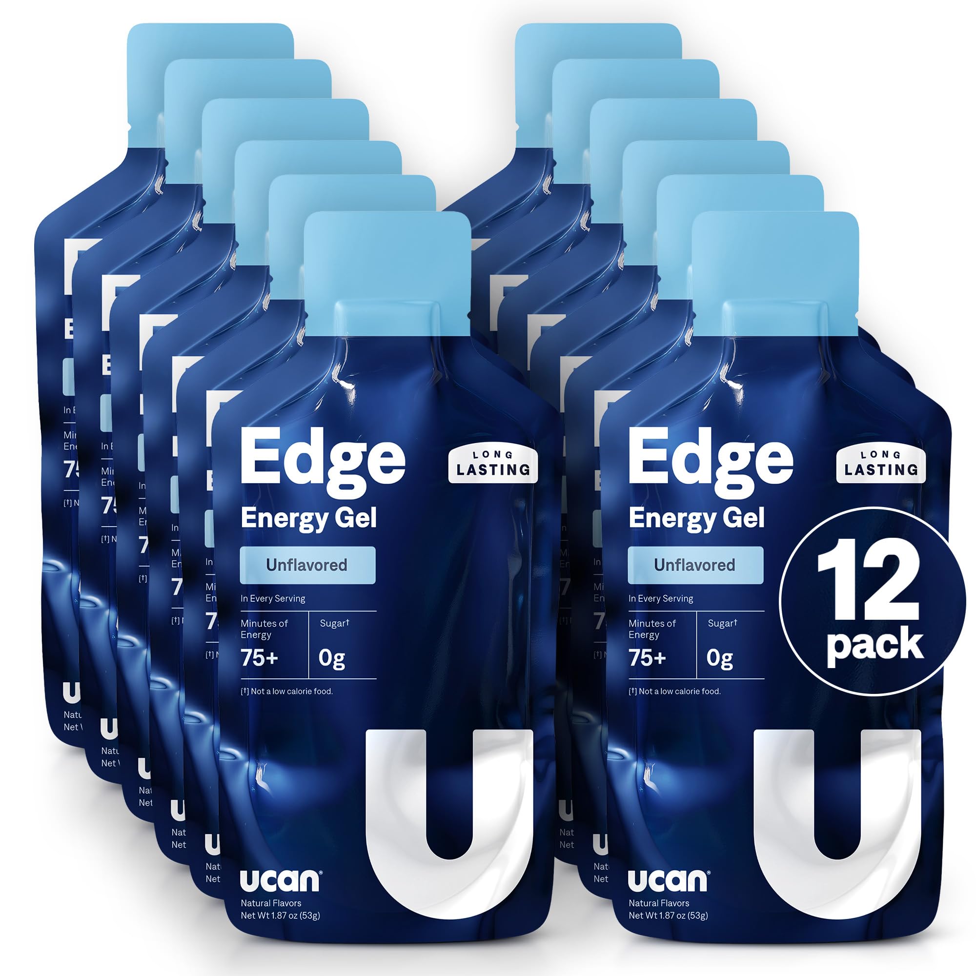 UCAN Edge Gel Shot sin sabor en envase de 2 oz para entrenamiento estable.