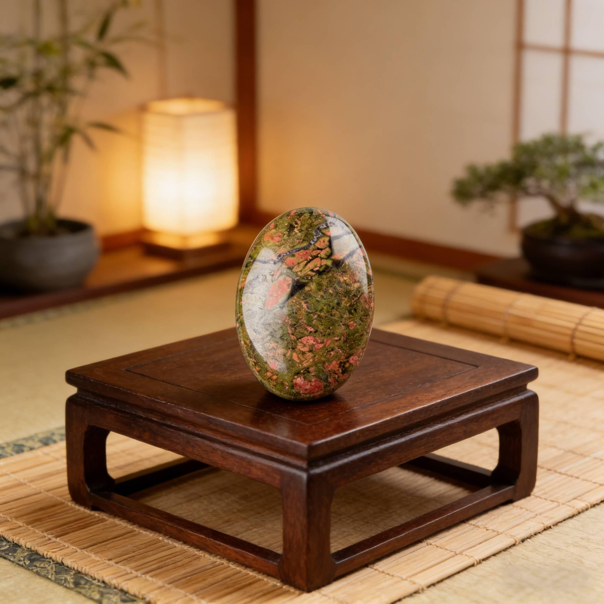 Piedra palma Unakite de UFEEL en la mano facilita la concentración en la meditación.
