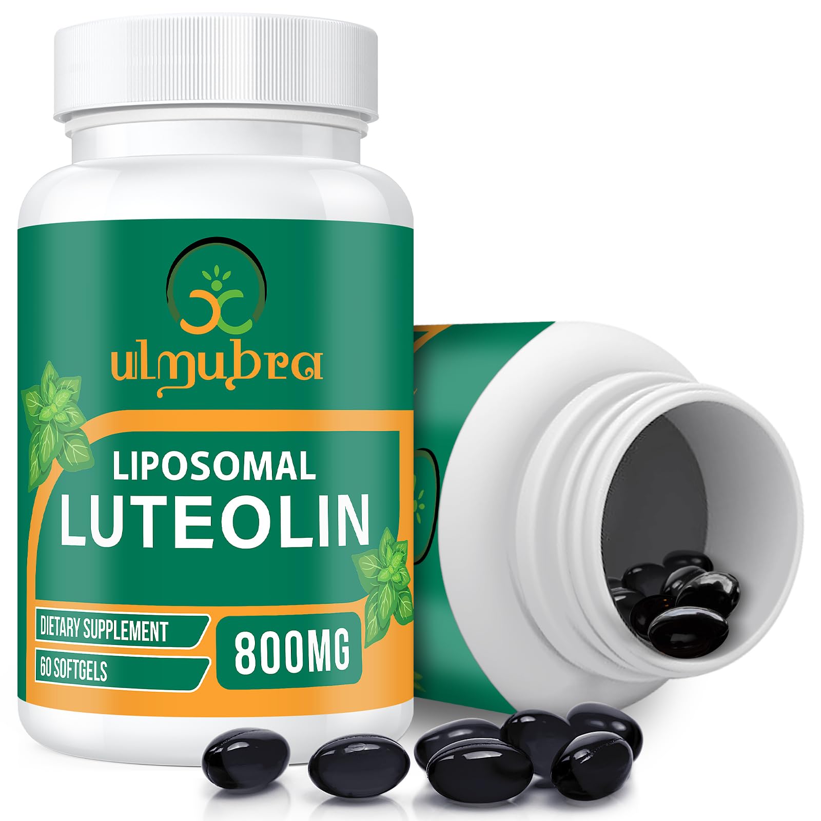 Ulmubra 800 mg luteolina liposomal en botella, soporte antioxidante diario.