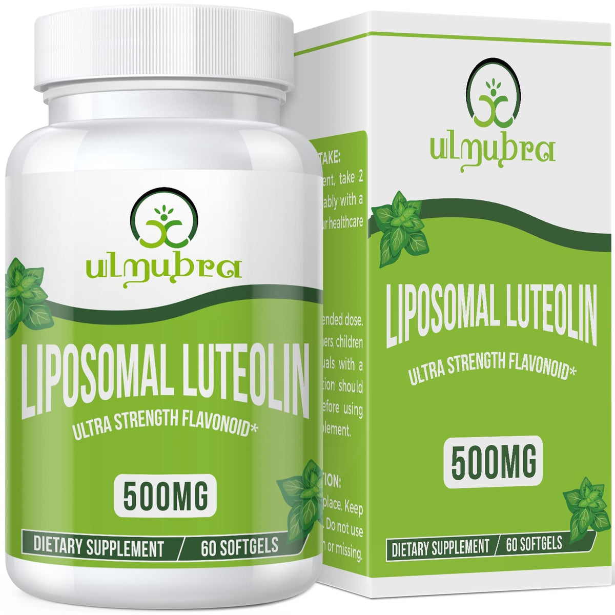 Ulmubra Liposomal Luteolin, vista frontal de la botella, comodidad diaria.