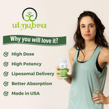 Ulmubra Liposomal Luteolin, cápsula cercana, formato práctico para uso diario.