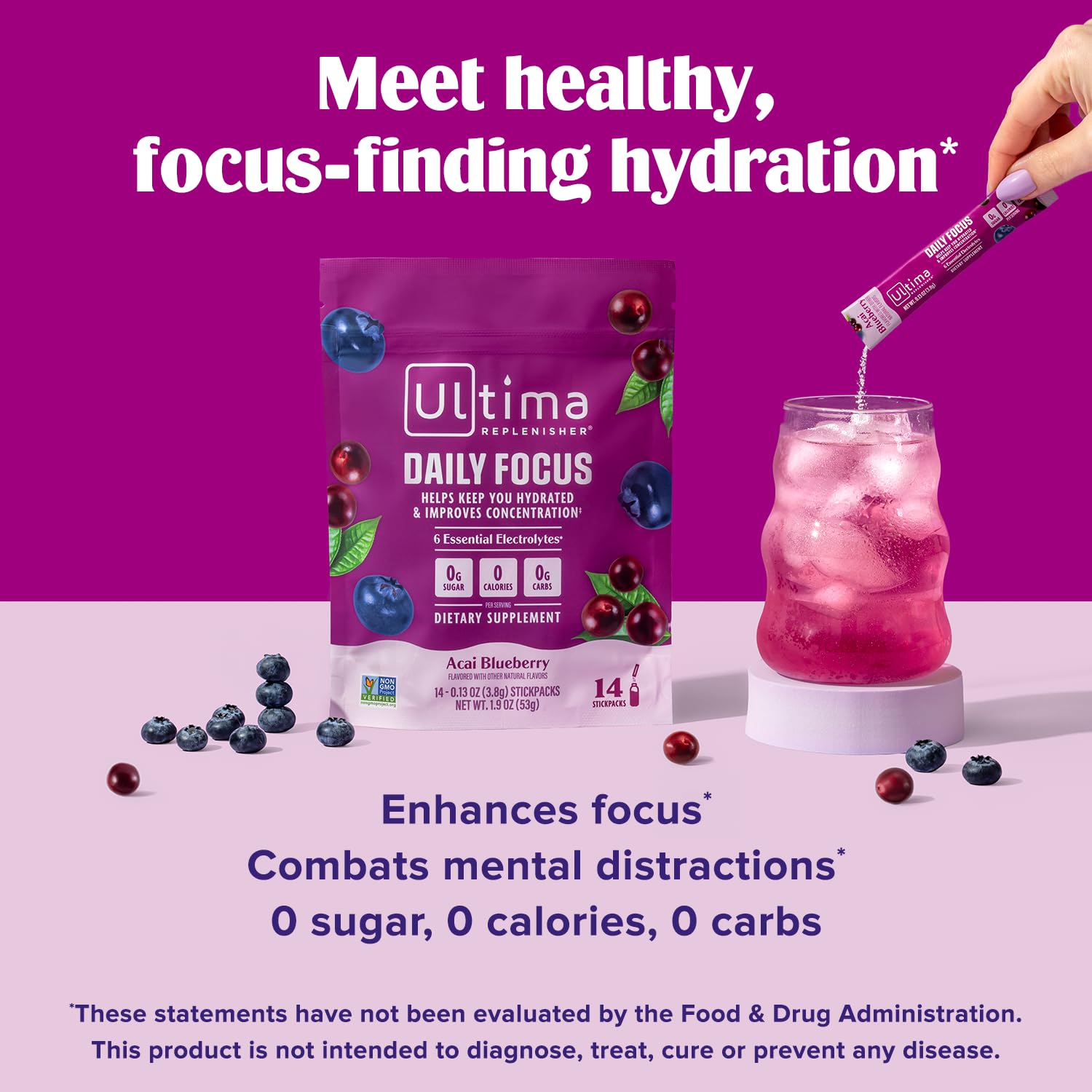 Ultima Replenisher Acai Blueberry, sabor frutal para energía suave.