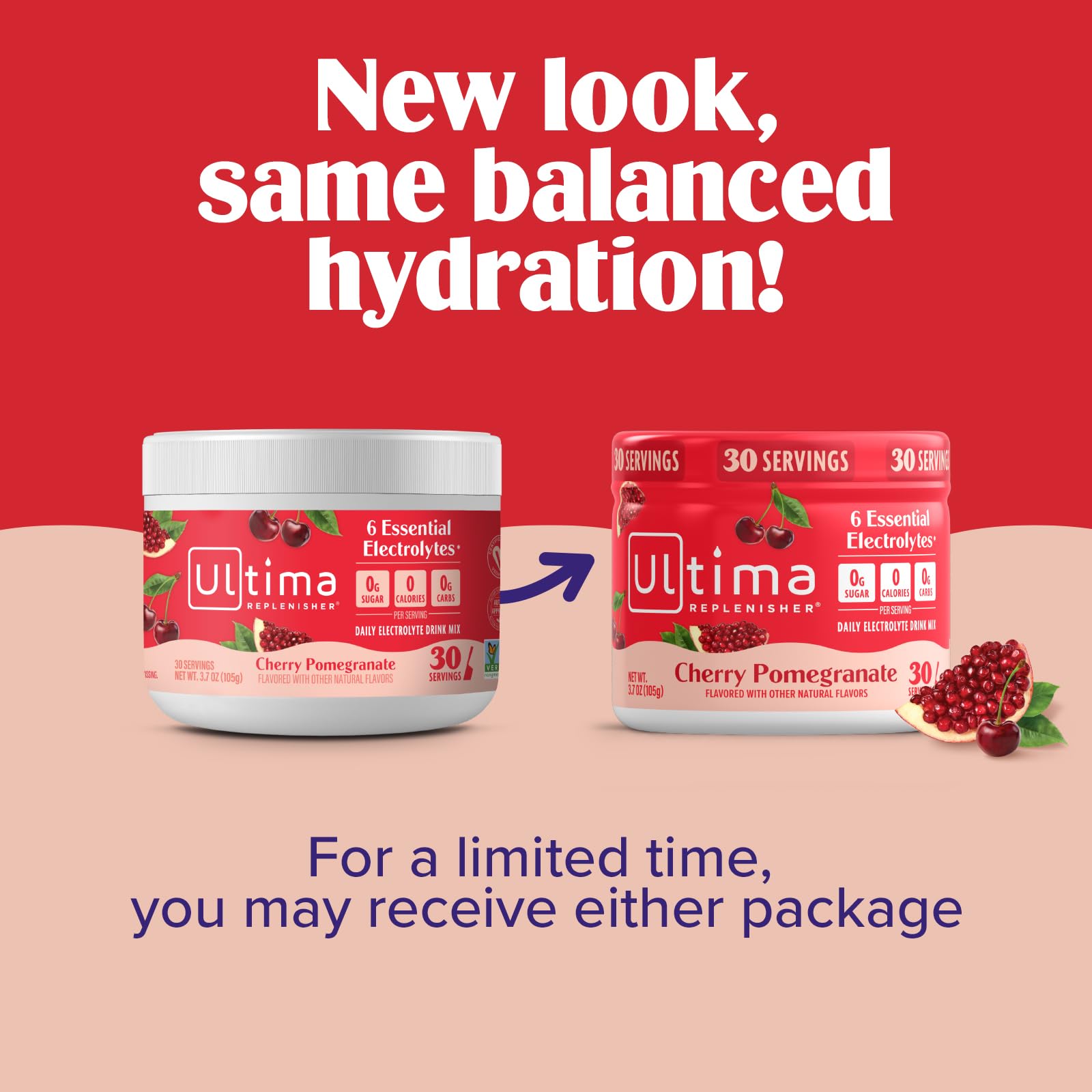 Bebida lista de Ultima Replenisher sabor cereza y granada.