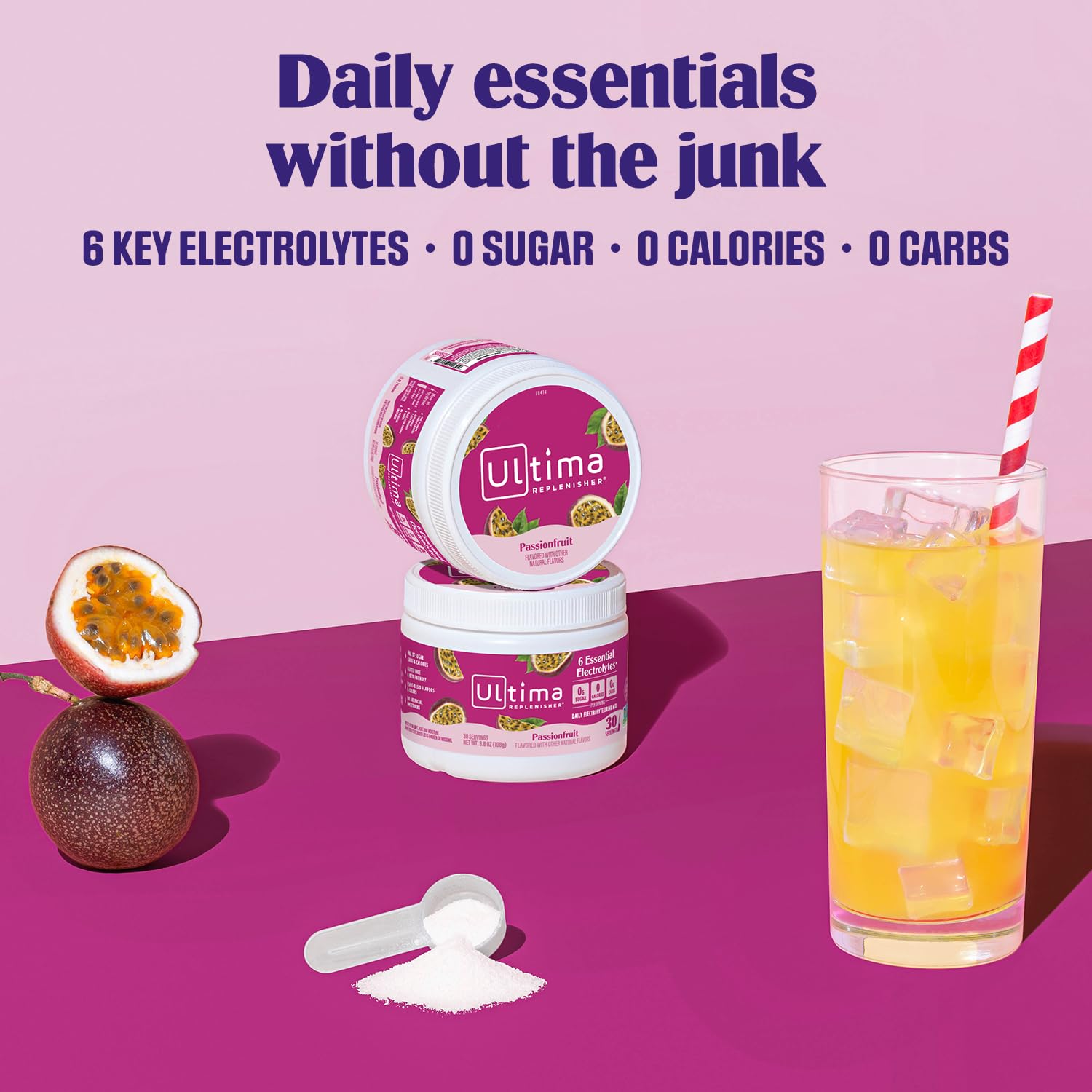 Envase de Ultima Replenisher con 30 porciones para variedad de sabores.