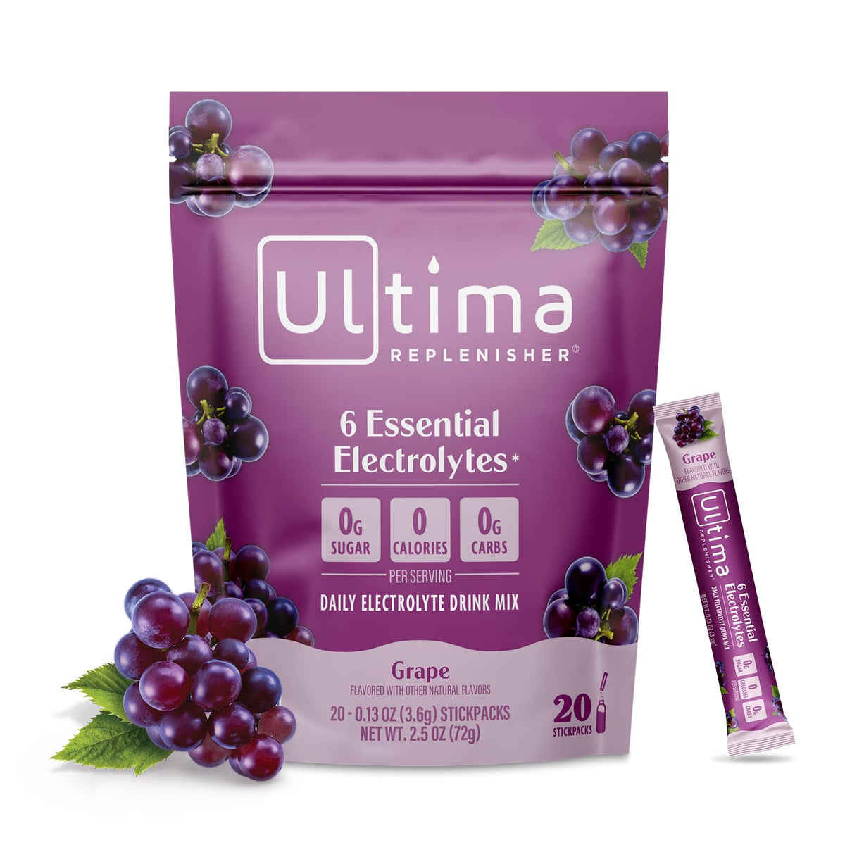 Botella Ultima Replenisher derramando electrolitos de uva para hidratación inmediata