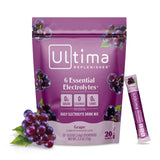 Botella Ultima Replenisher derramando electrolitos de uva para hidratación inmediata
