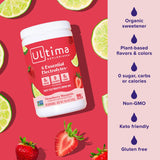 Label close up highlighting 6 electrolytes and vitamin C on Ultima Replenisher