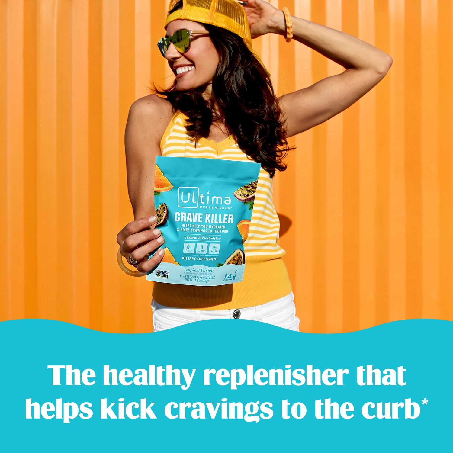 Sabor tropical fusion de Ultima Replenisher con pasion-fruta y naranja en paquete