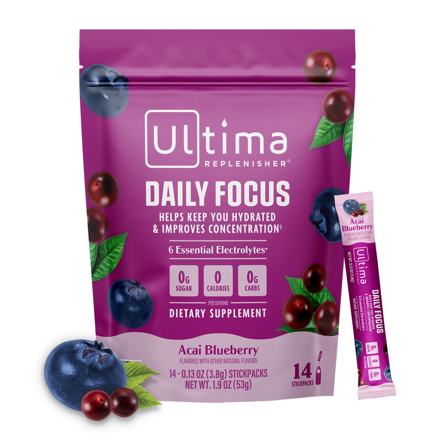 Ultima Replenisher Enfoque Diario Stickpack para concentración sostenida.