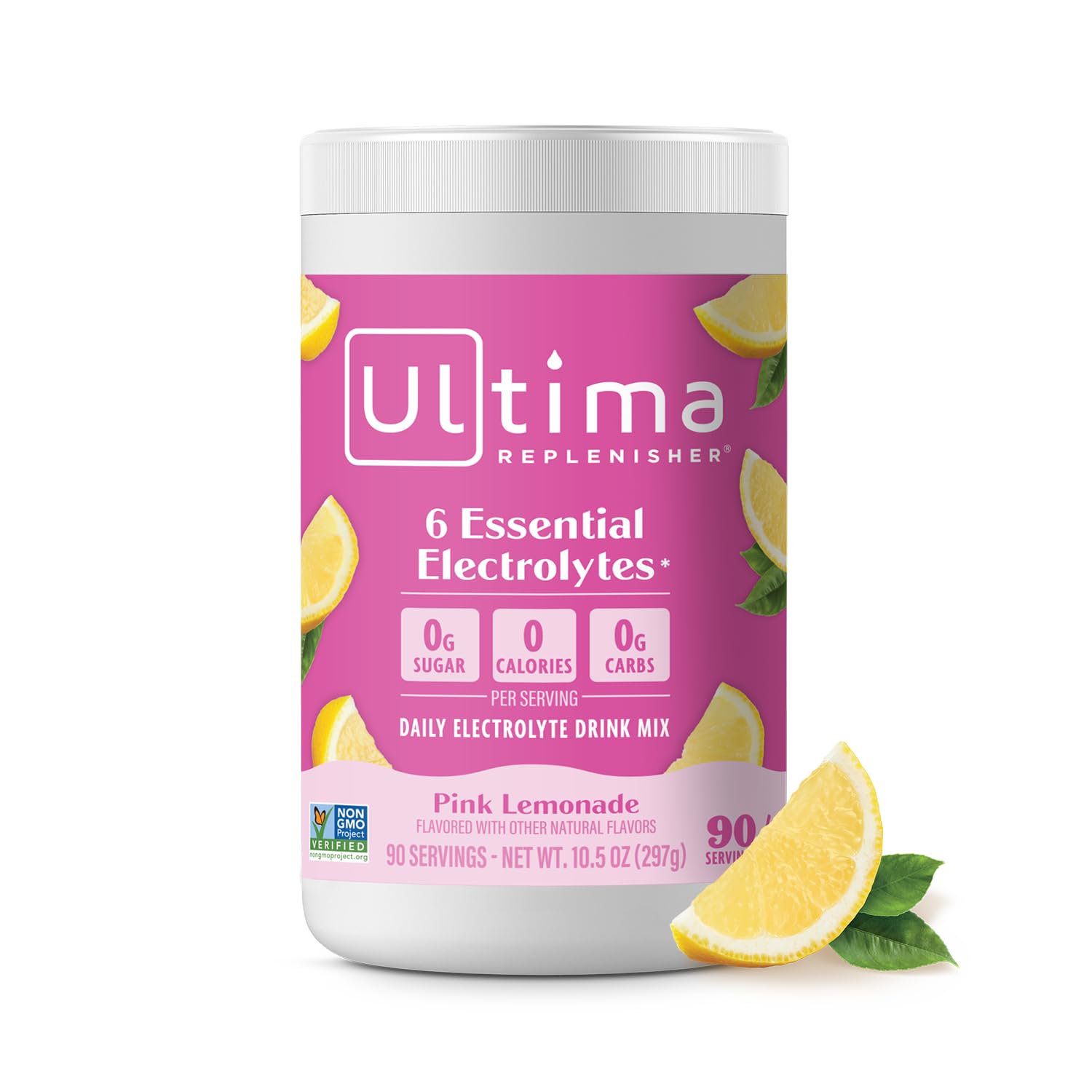 Ultima Replenisher envase polvo limon-rosado para hidratación diaria.