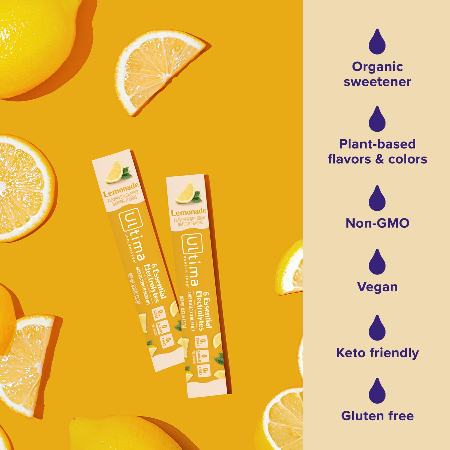 Ultima Replenisher etiqueta de ingredientes, destaca seis electrolitos y vitaminas.