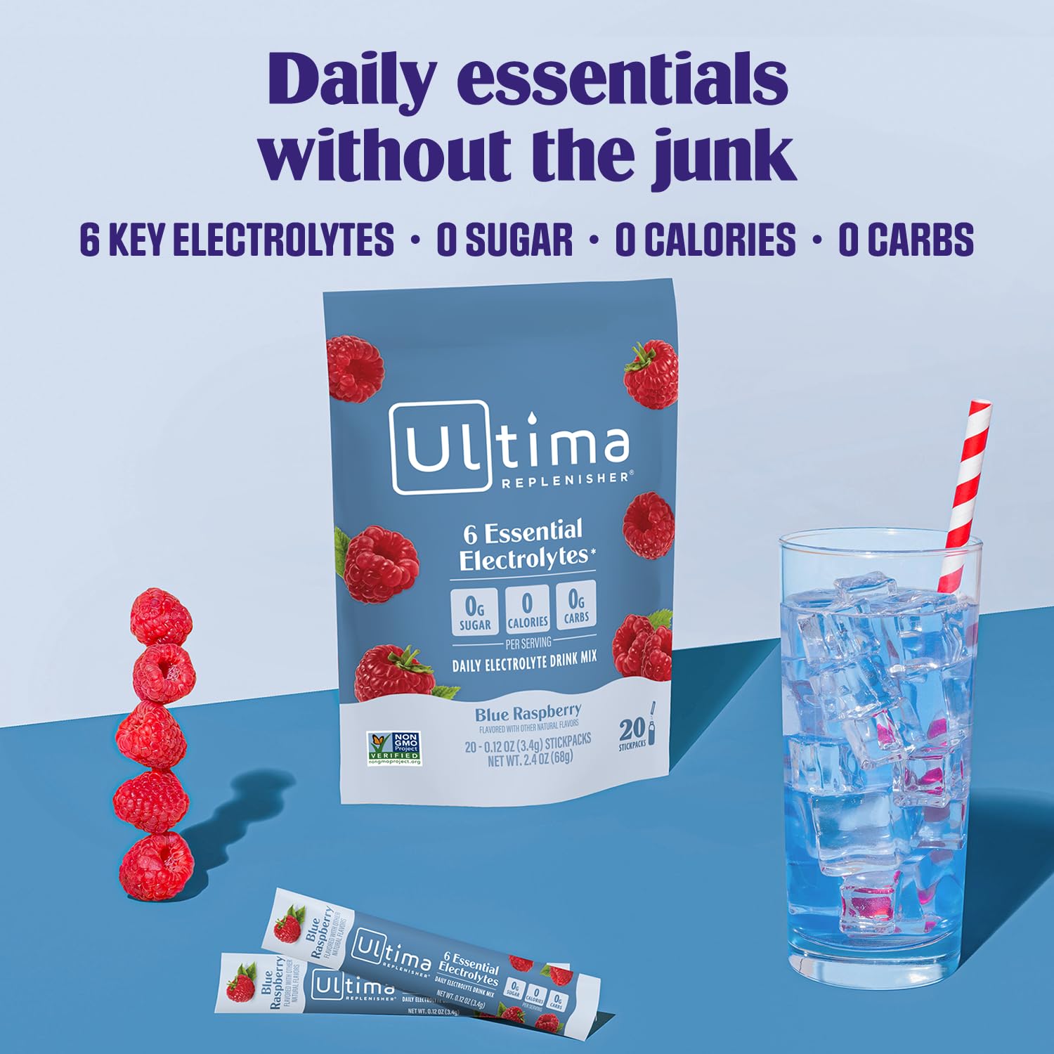 Ultima Replenisher frambuesa azul, 20 sobres para mantenerte activo durante el día