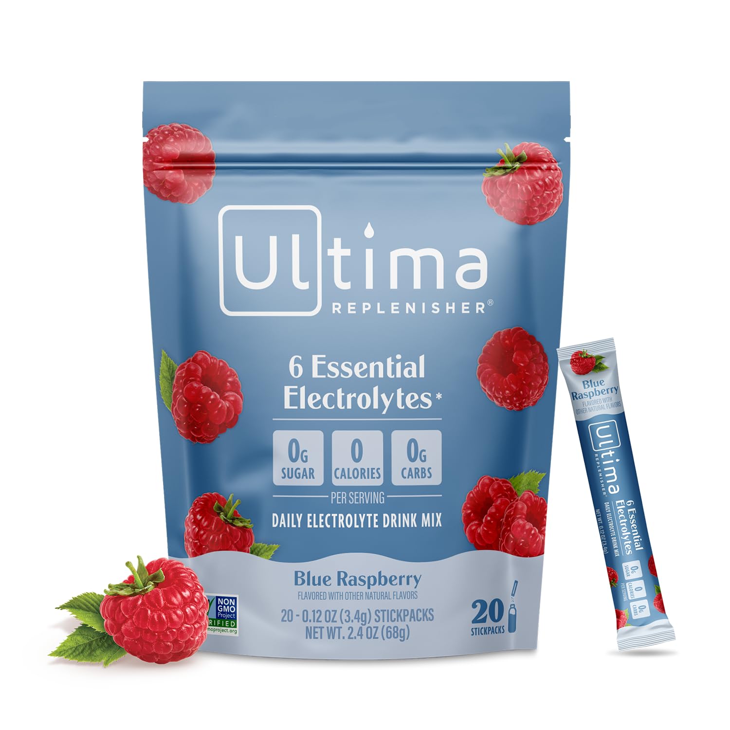 Ultima Replenisher frambuesa azul, paquete individual para hidratación diaria sin azúcar