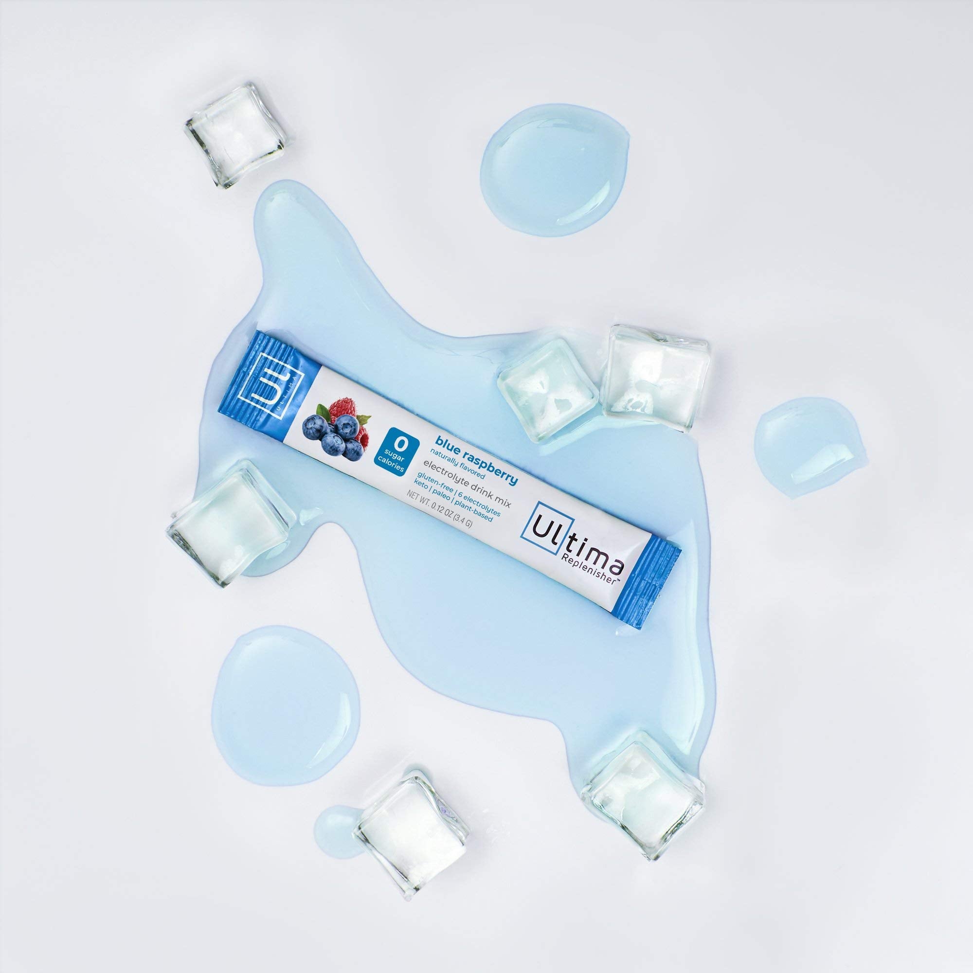 Ingredientes de Ultima Replenisher con electrolitos clave y zinc para uso diario.