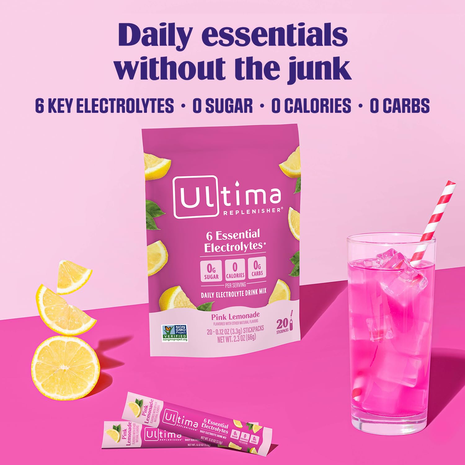 Ultima Replenisher Limonada Rosa mezclando en agua con sabor natural