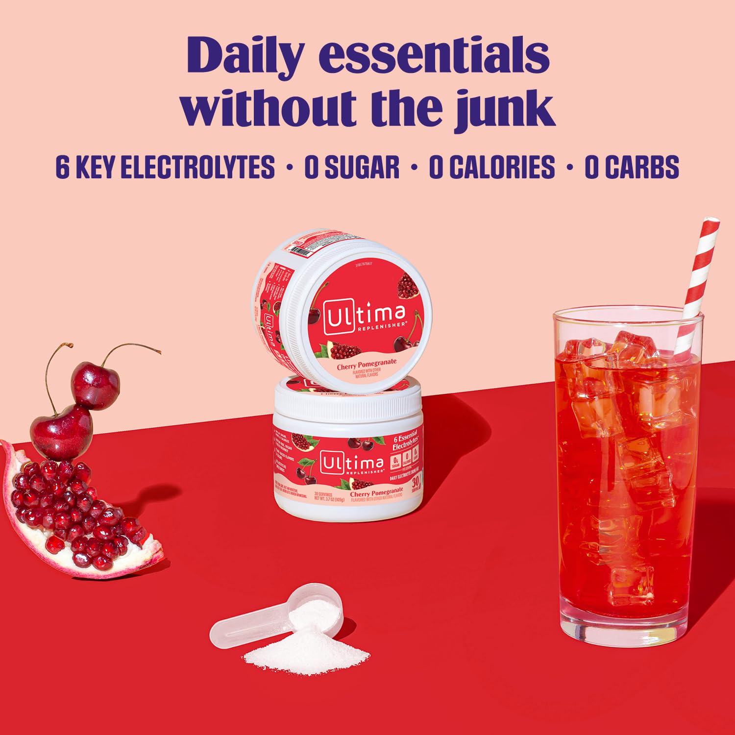 Mezcla Ultima Replenisher en vaso de agua para beber refrescante.
