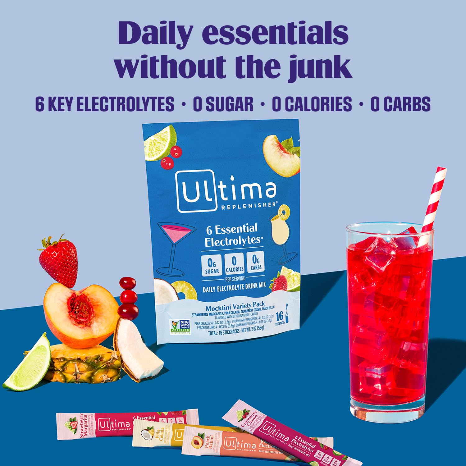 Ultima Replenisher Mocktini arándano cosmo en copa, sabor intenso y refrescante