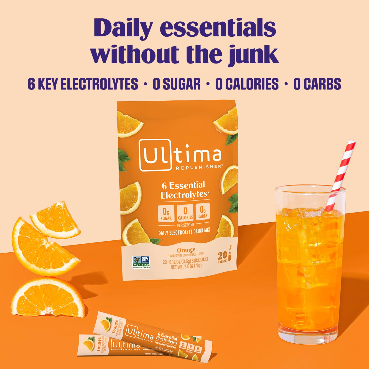 Ultima Replenisher naranja: se mezcla en agua para hidratación rápida