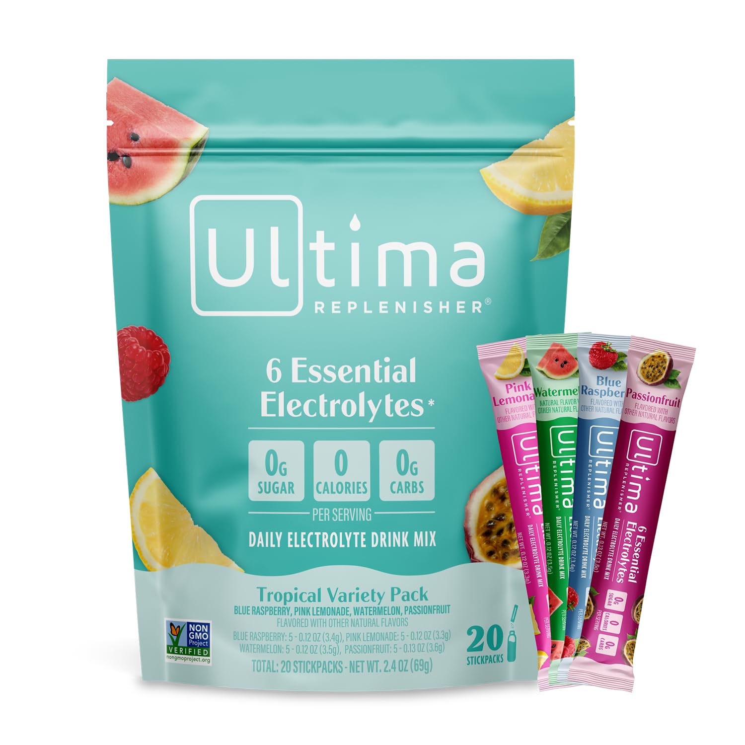 Pack tropical Ultima Replenisher, 20 sobres, hidratación diaria sin azúcares.